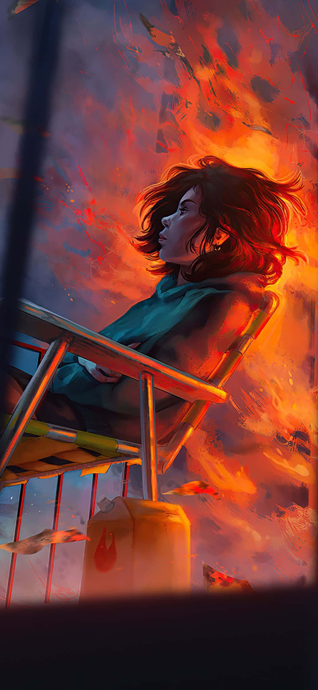 1080x2340 4K Chica anime en silla en llamas Fondos de pantalla