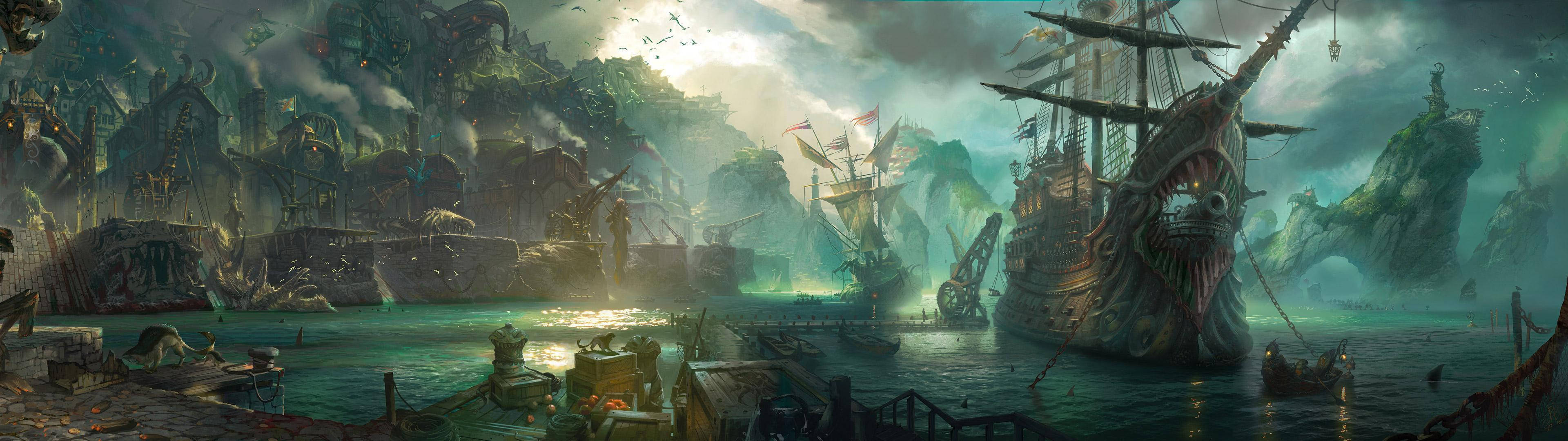 3840x1080 HD Barcos Piratas para Dos Monitores Fondos de pantalla