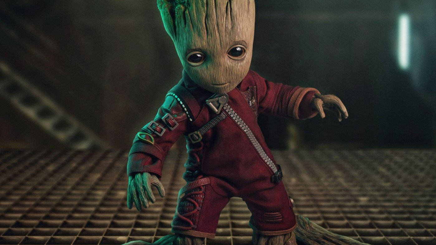4K Guardianes de la Galaxia con Baby Groot en traje rojo Fondos de pantalla