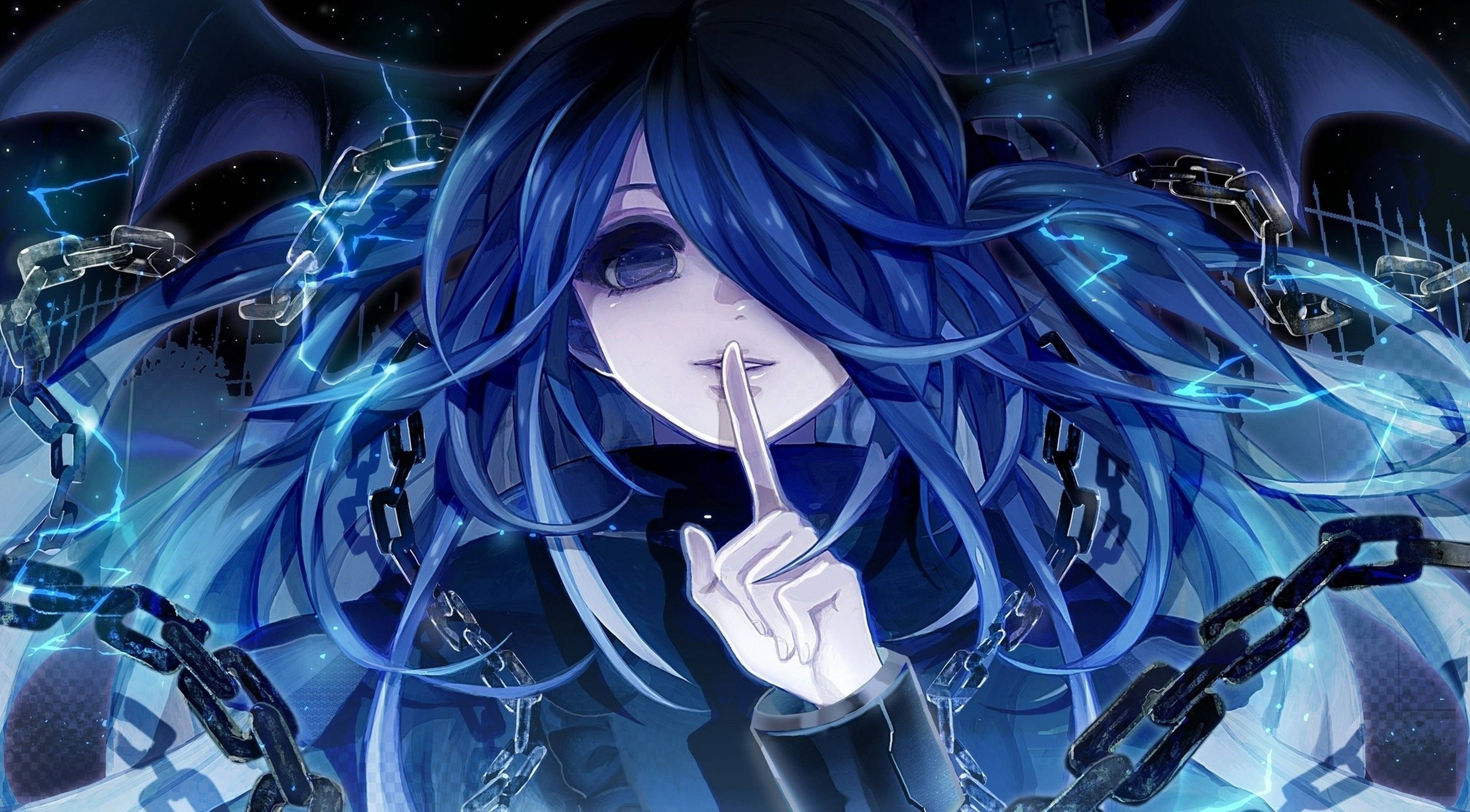 4K PFP Chica Anime de Cabello Azul y Cadenas Negras Fondos de pantalla