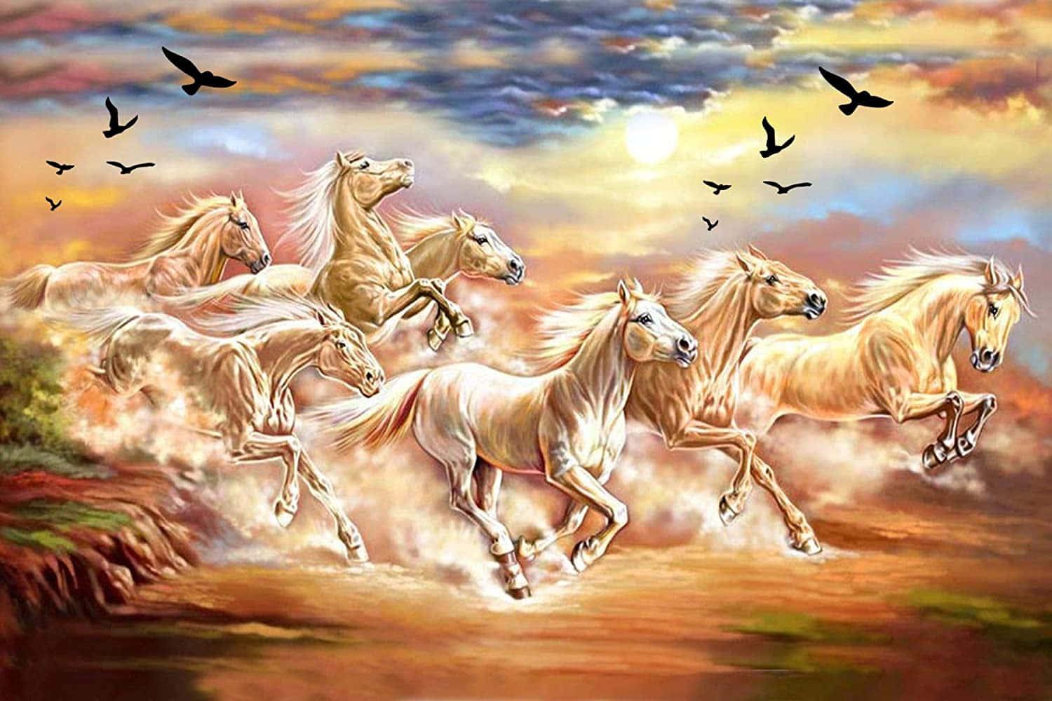 7 Caballos Blancos con Pájaros Negros Fondos de pantalla