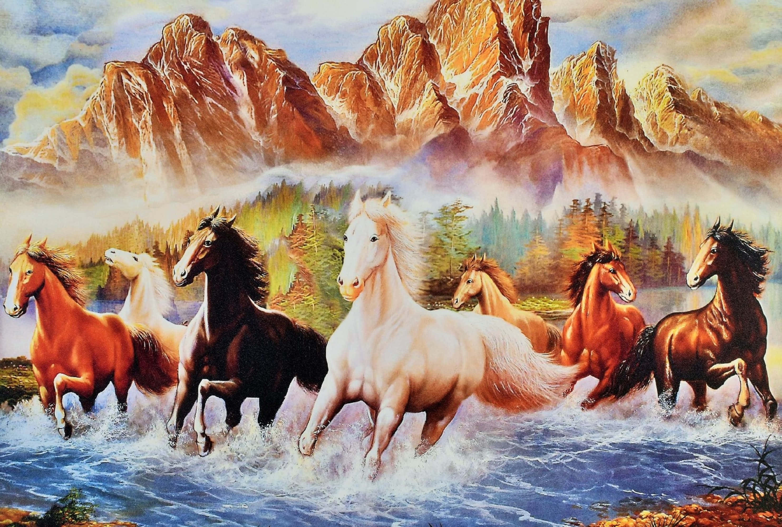 7 Caballos Caminando por el Río Fondos de pantalla