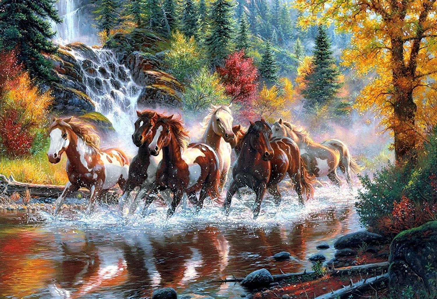 7 Caballos Caminando por el Río del Bosque Fondos de pantalla