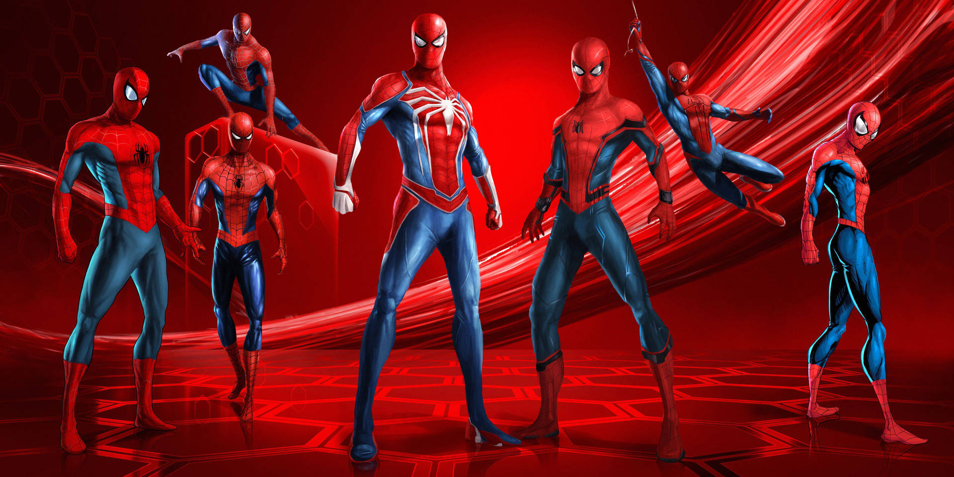 Múltiples Spiderman de pie y colgando sobre un fondo rojo, superhéroes de Marvel.