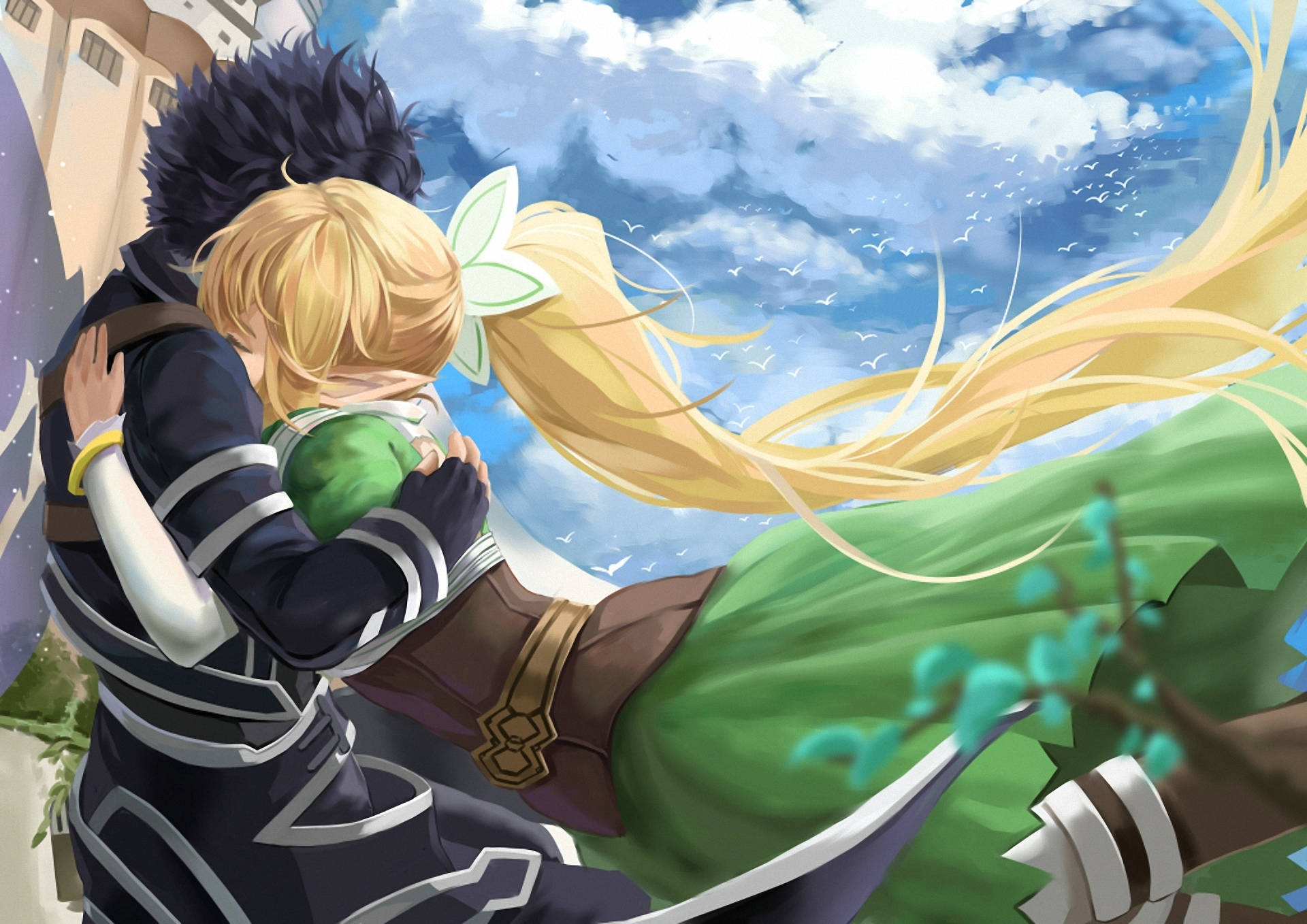 Abrazo anime bajo el cielo nublado Fondos de pantalla
