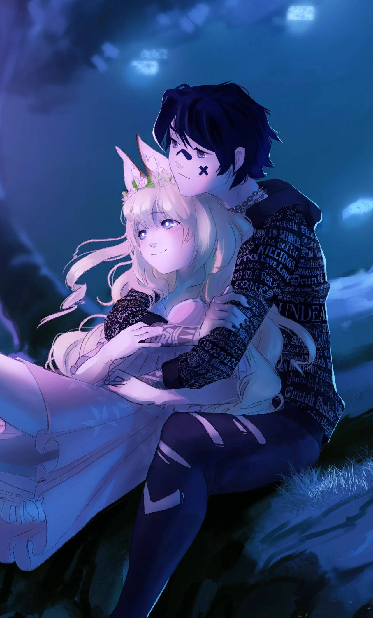 Abrazo anime bajo el cielo nocturno Fondos de pantalla