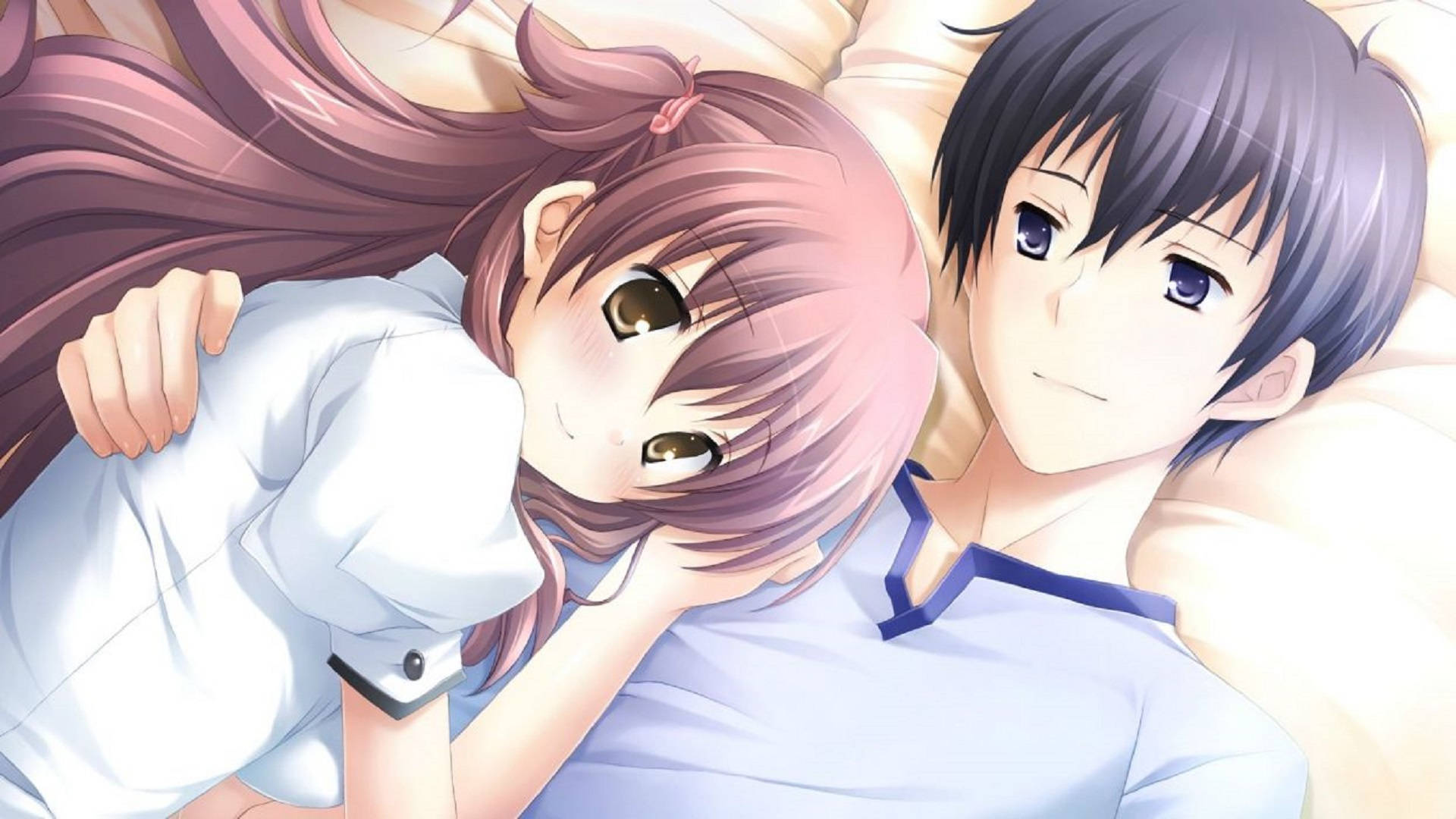 Abrazo anime de chico y chica en la cama Fondos de pantalla