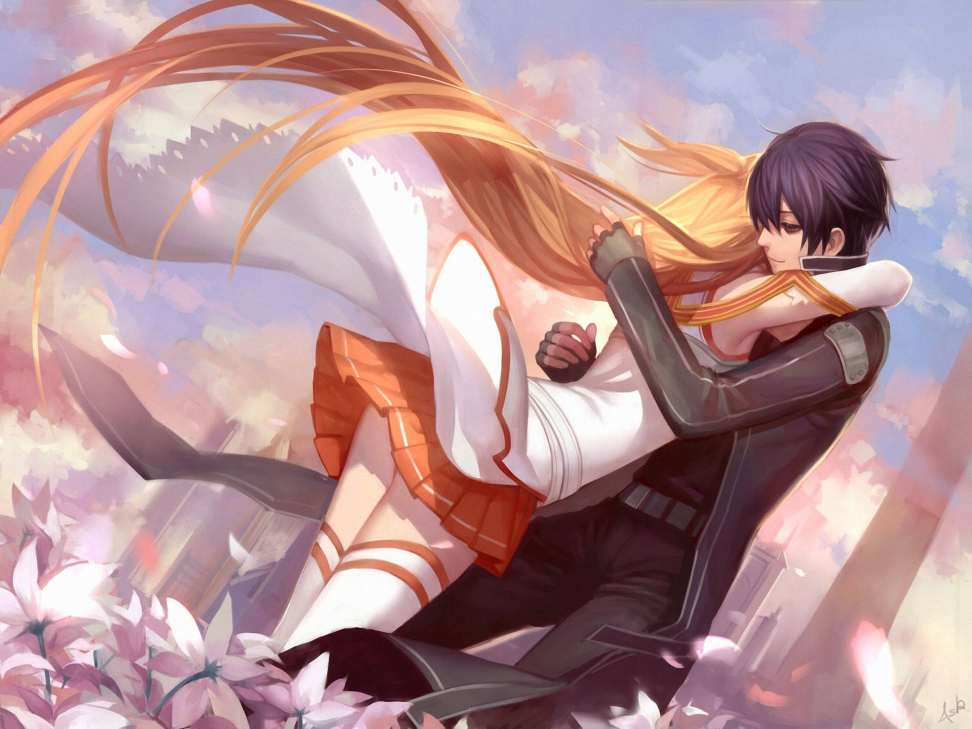 Abrazo de anime entre un chico y una chica de cabello rubio Fondos de pantalla