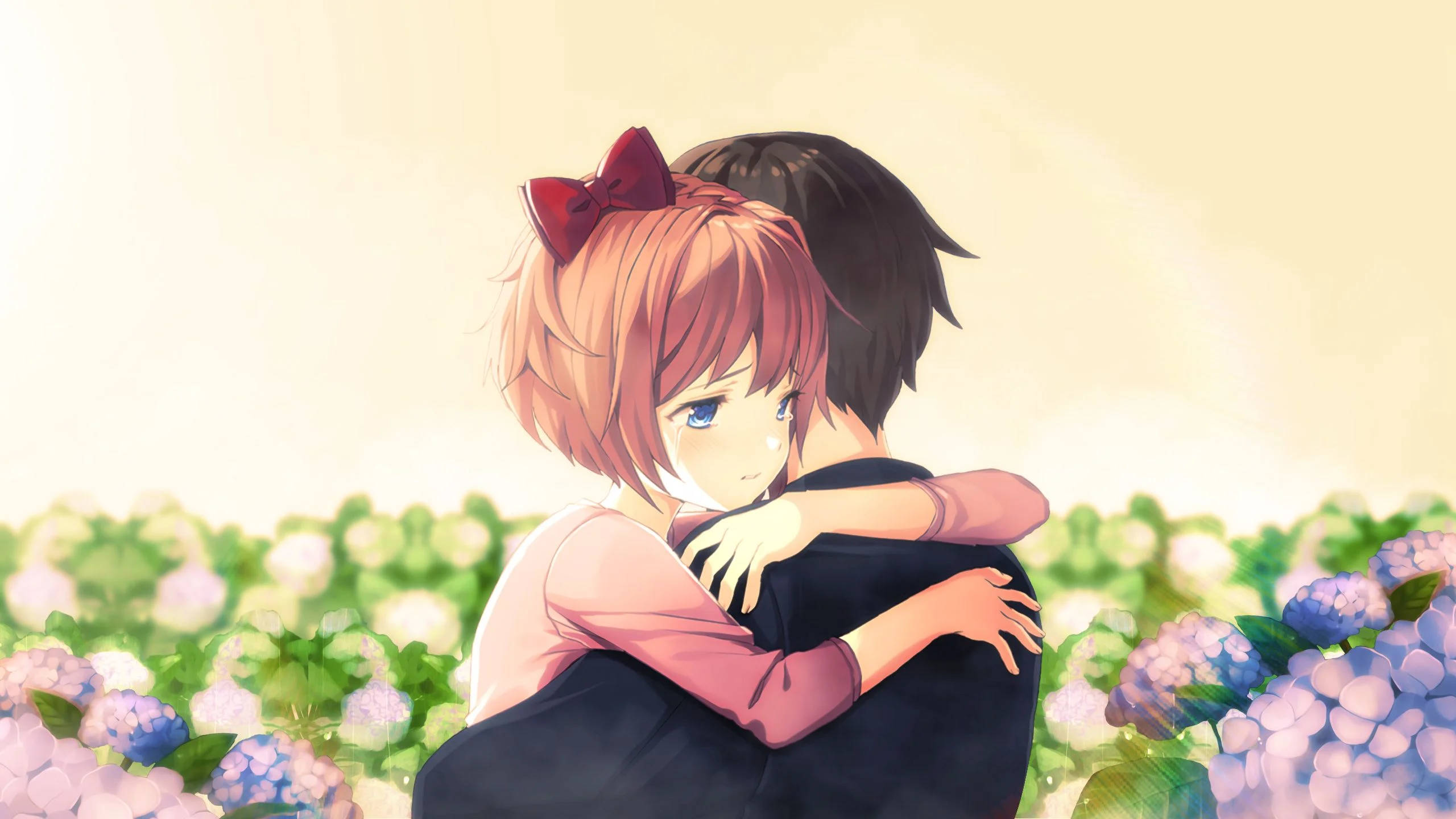 Abrazo de anime en jardín de flores Fondos de pantalla