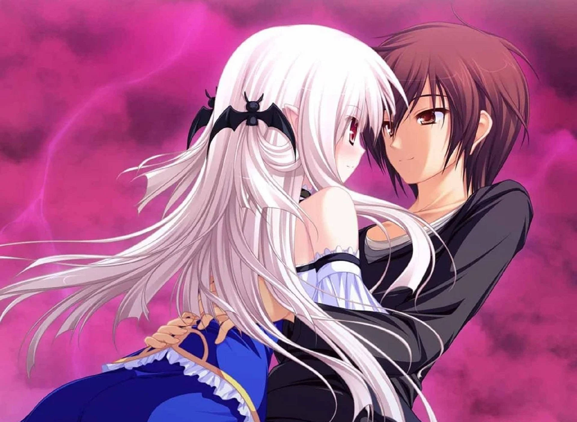 Abrazo de chica de cabello blanco en anime Fondos de pantalla