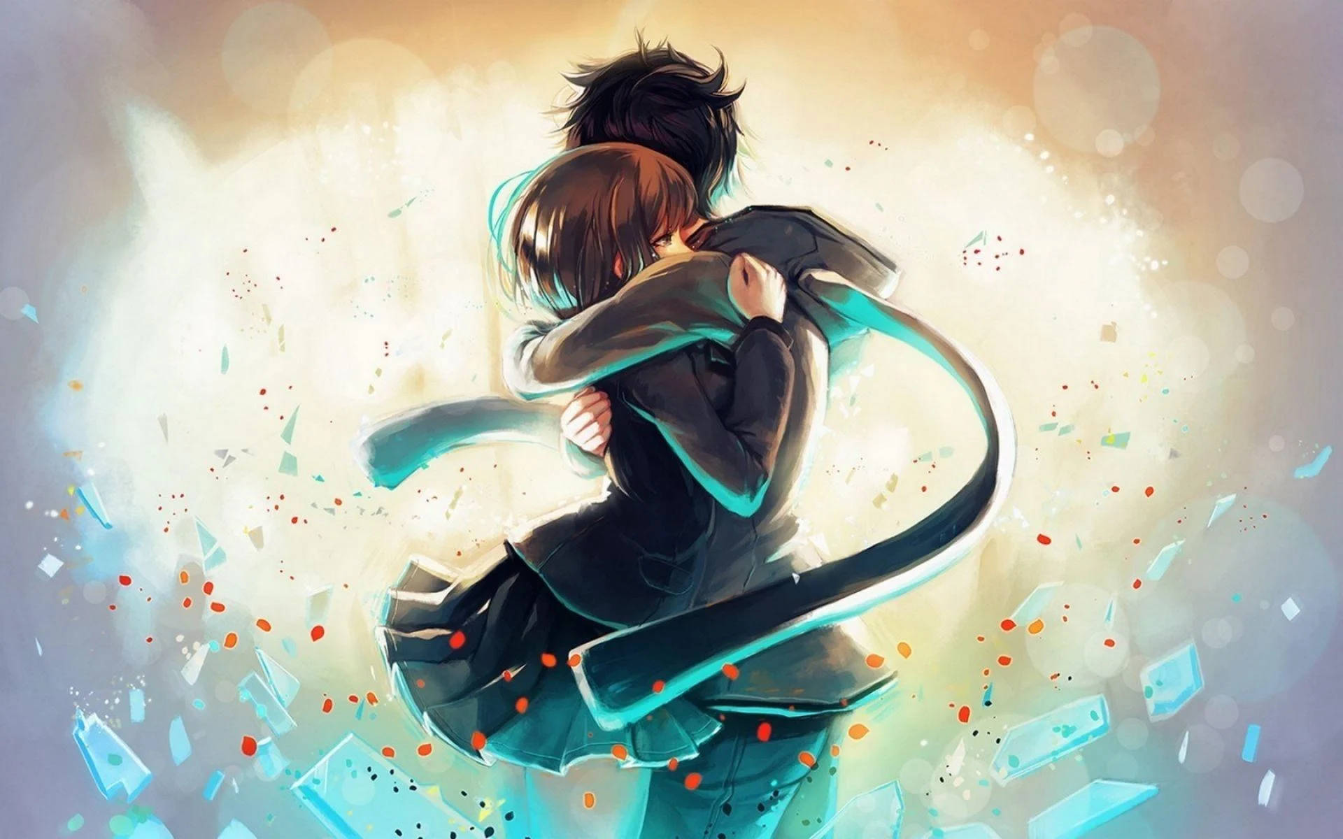 Abrazo de pareja anime en azul Fondos de pantalla