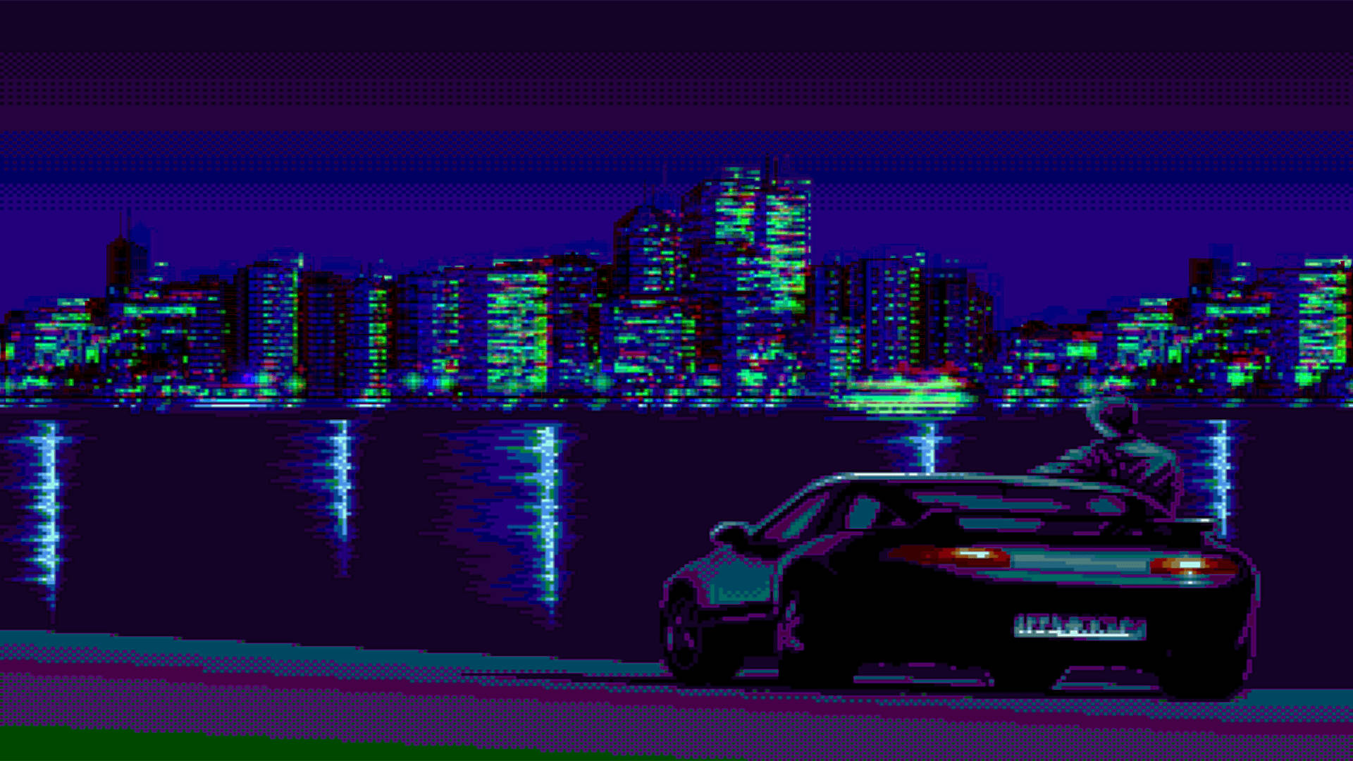 Un wallpaper estético y de fantasía de un auto negro estacionado al costado de la carretera de la ciudad por la noche.