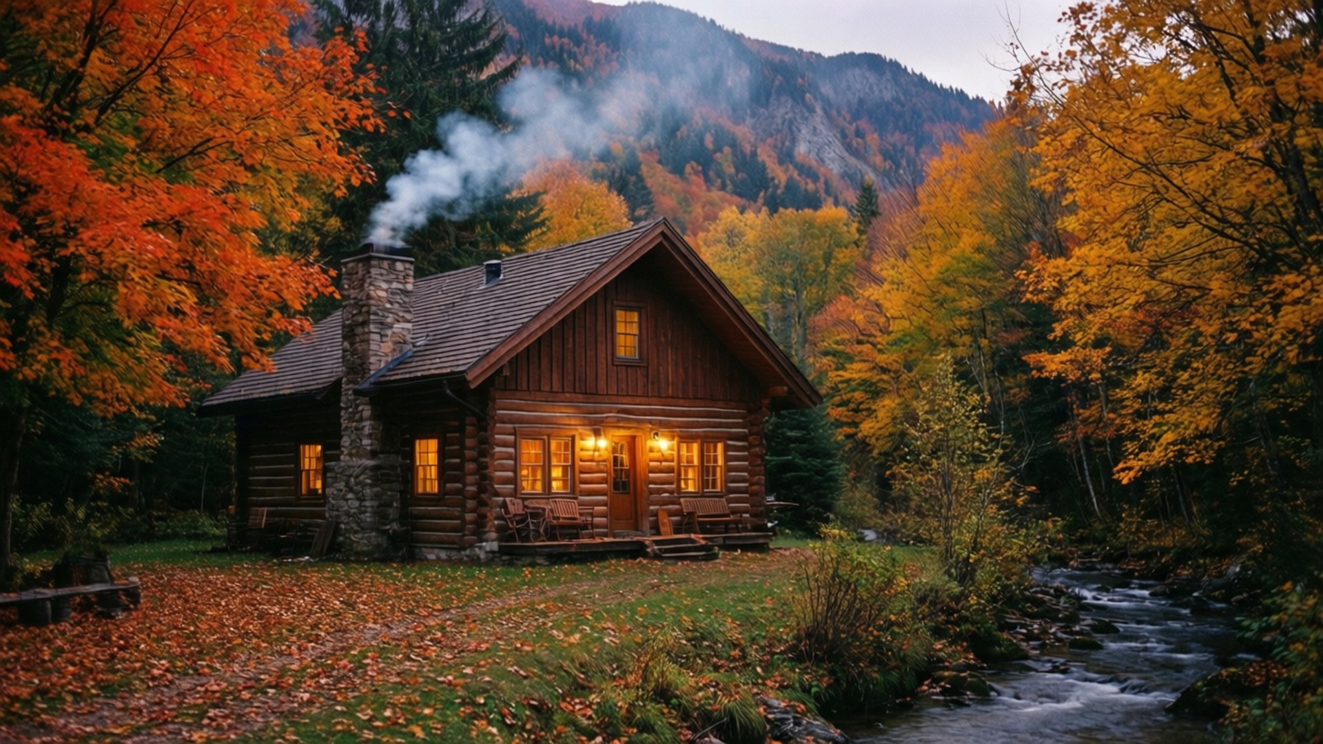 Acogedora cabaña de otoño al atardecer Fondos de pantalla