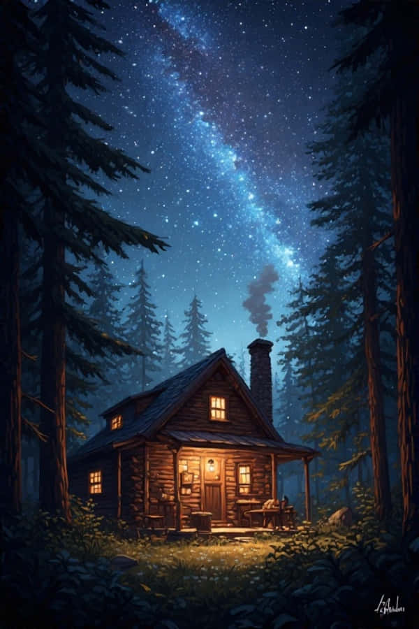 Acogedora Cabaña Nocturna en el Bosque Estrellado Naturaleza 4K Fondos de pantalla