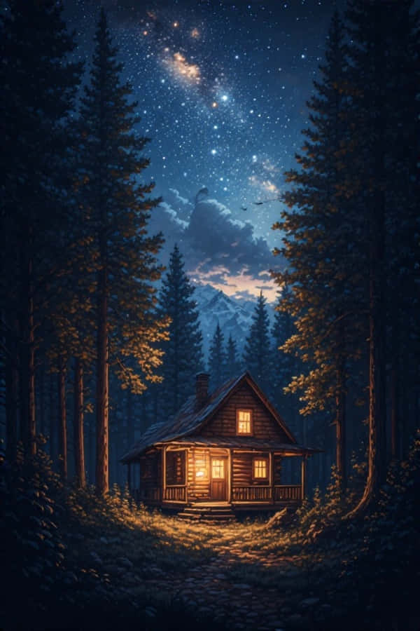 Acogedora Cabaña Nocturna en el Bosque Estrellado Naturaleza 4K Fondos de pantalla