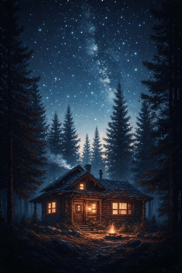 Acogedora Cabaña Nocturna en el Bosque Estrellado Naturaleza 4K Fondos de pantalla