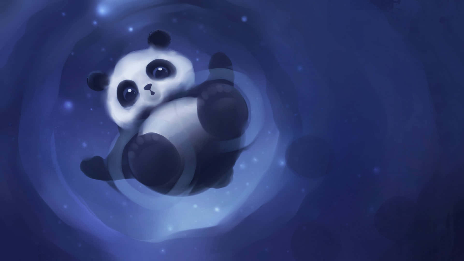 Adorable Panda de Dibujos Animados en un Universo de Remolinos Azules y Coloridos Fondos de pantalla
