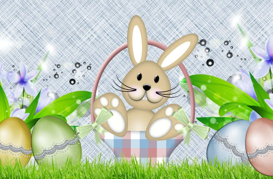 Adorables conejitos de Pascua con huevos coloridos en un jardín floreciente Fondos de pantalla