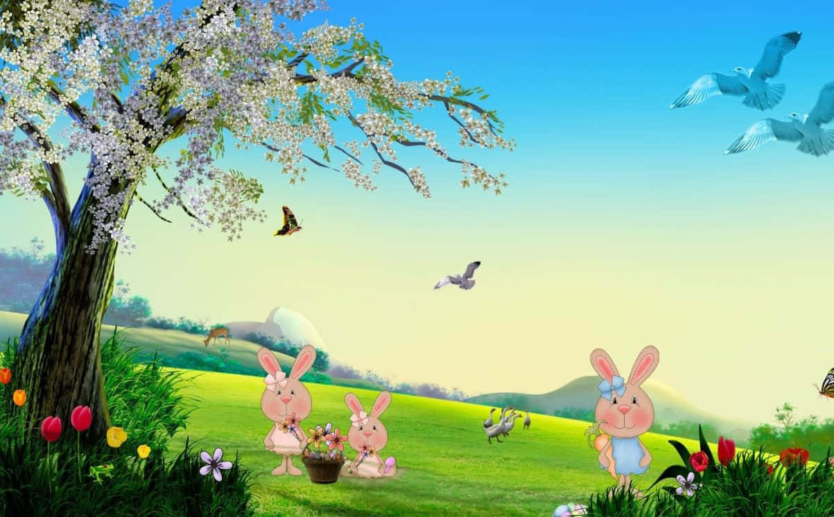 Adorables conejitos de Pascua en un prado primaveral Fondos de pantalla