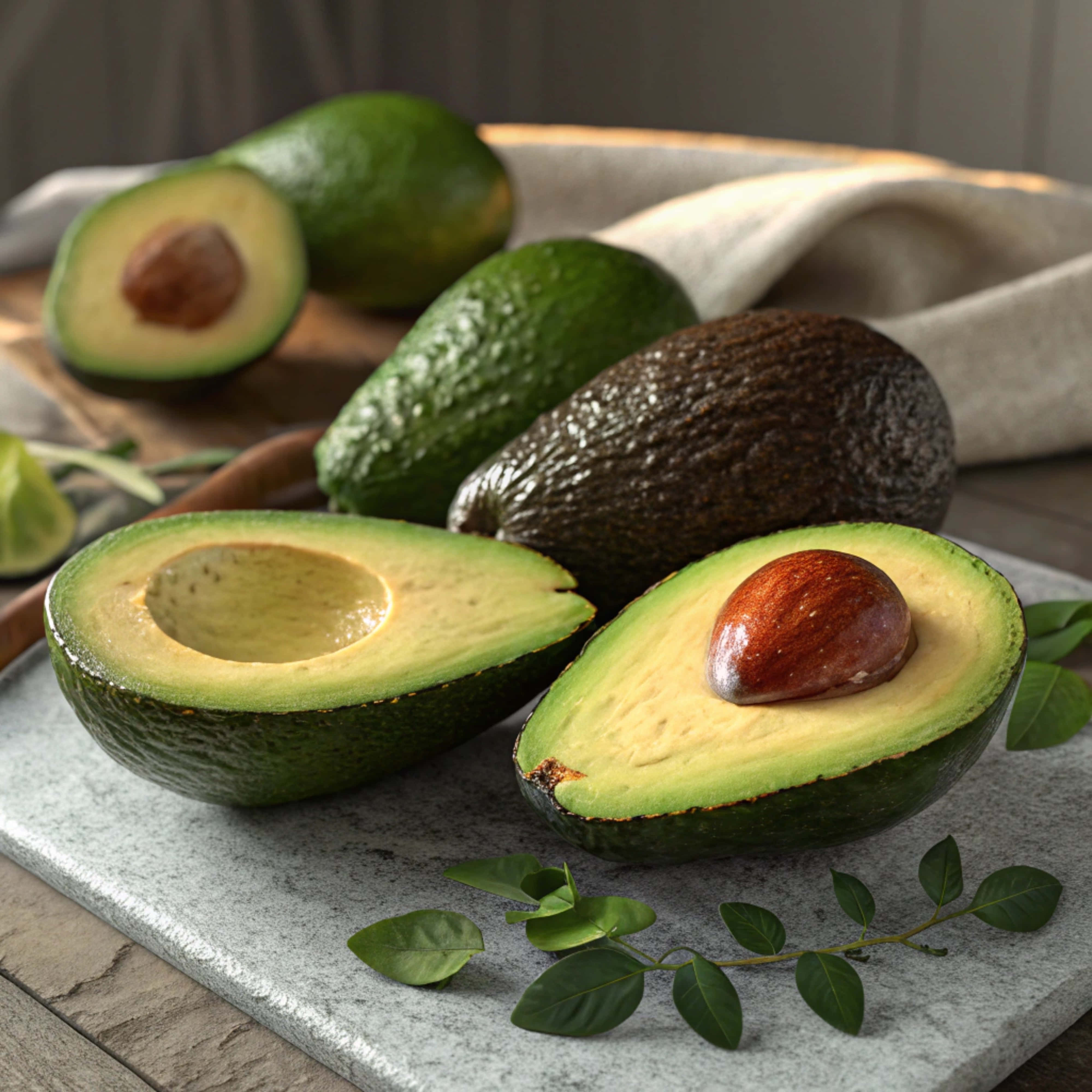 Aguacates frescos enteros y partidos a la mitad sobre una superficie de mármol Fondos de pantalla
