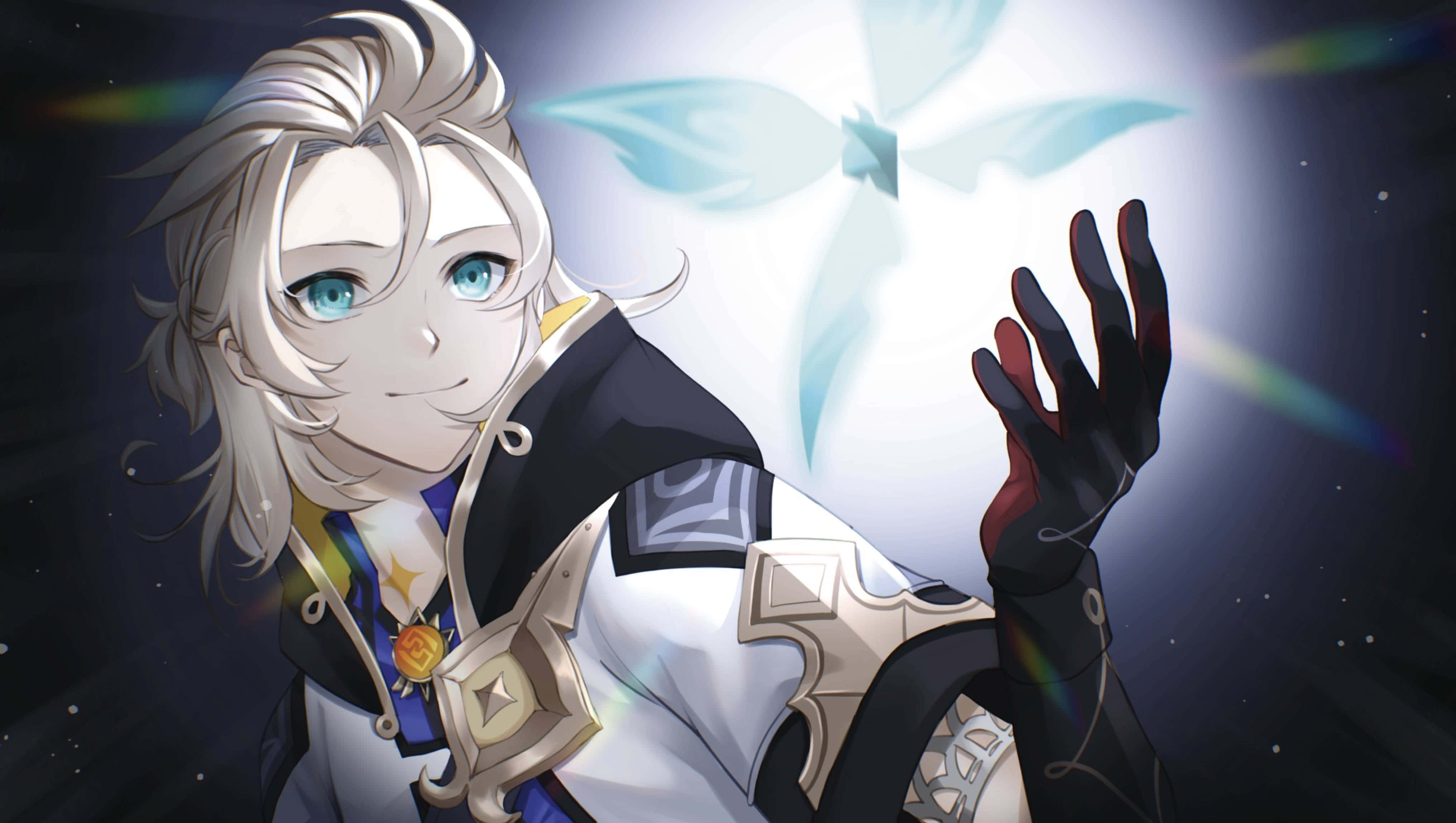 Albedo Genshin Impact mirando una flor azul Fondos de pantalla