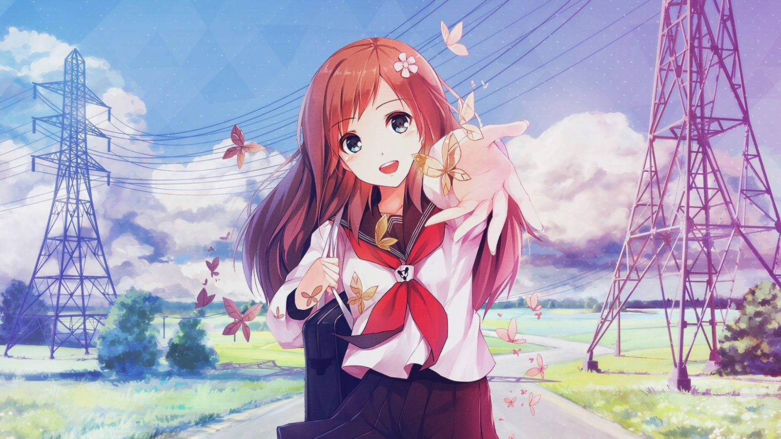 Chica anime en uniforme escolar extendiendo la mano fondo de pantalla