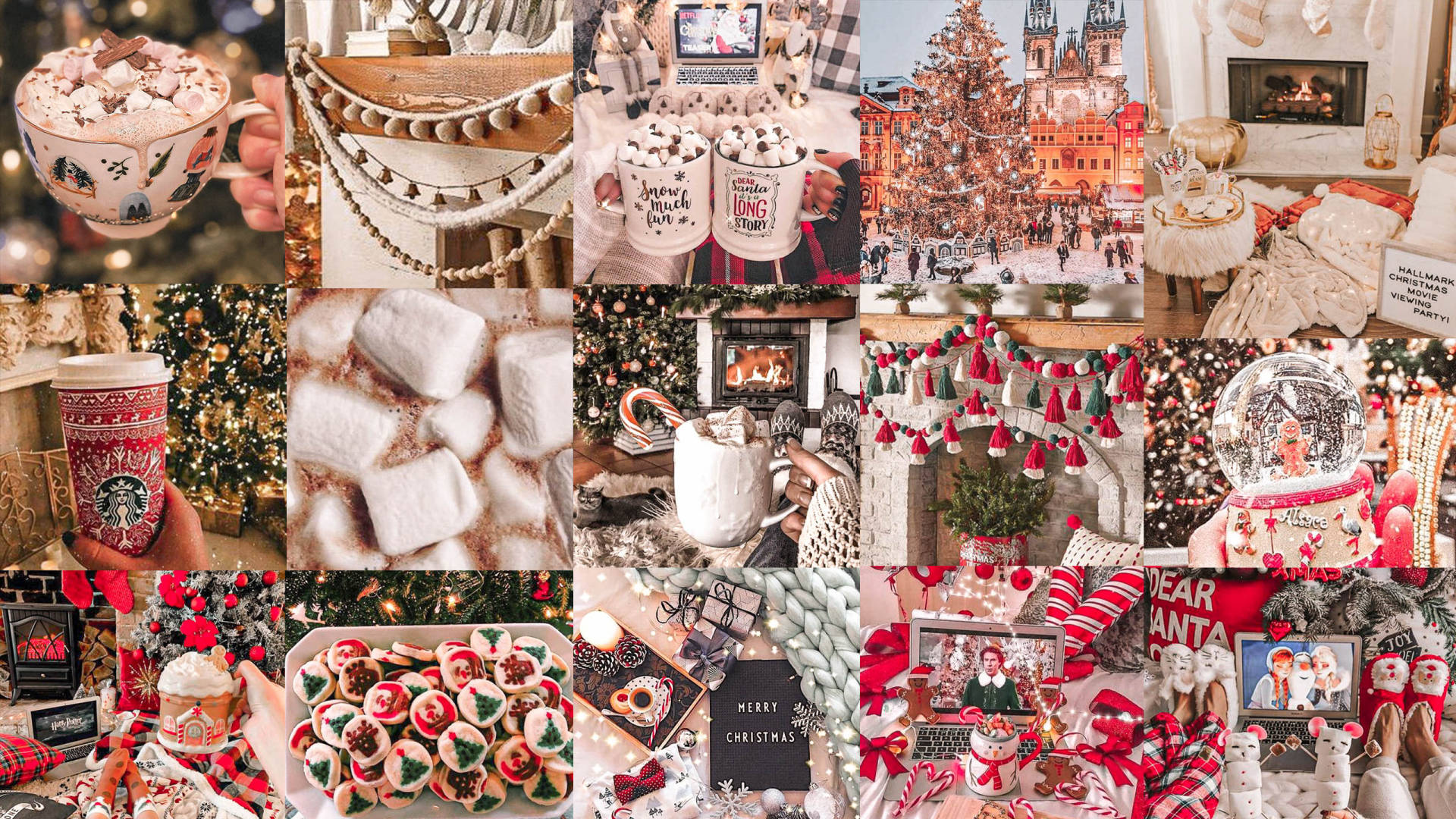 Alegre collage navideño en tonos rojo y blanco Fondos de pantalla