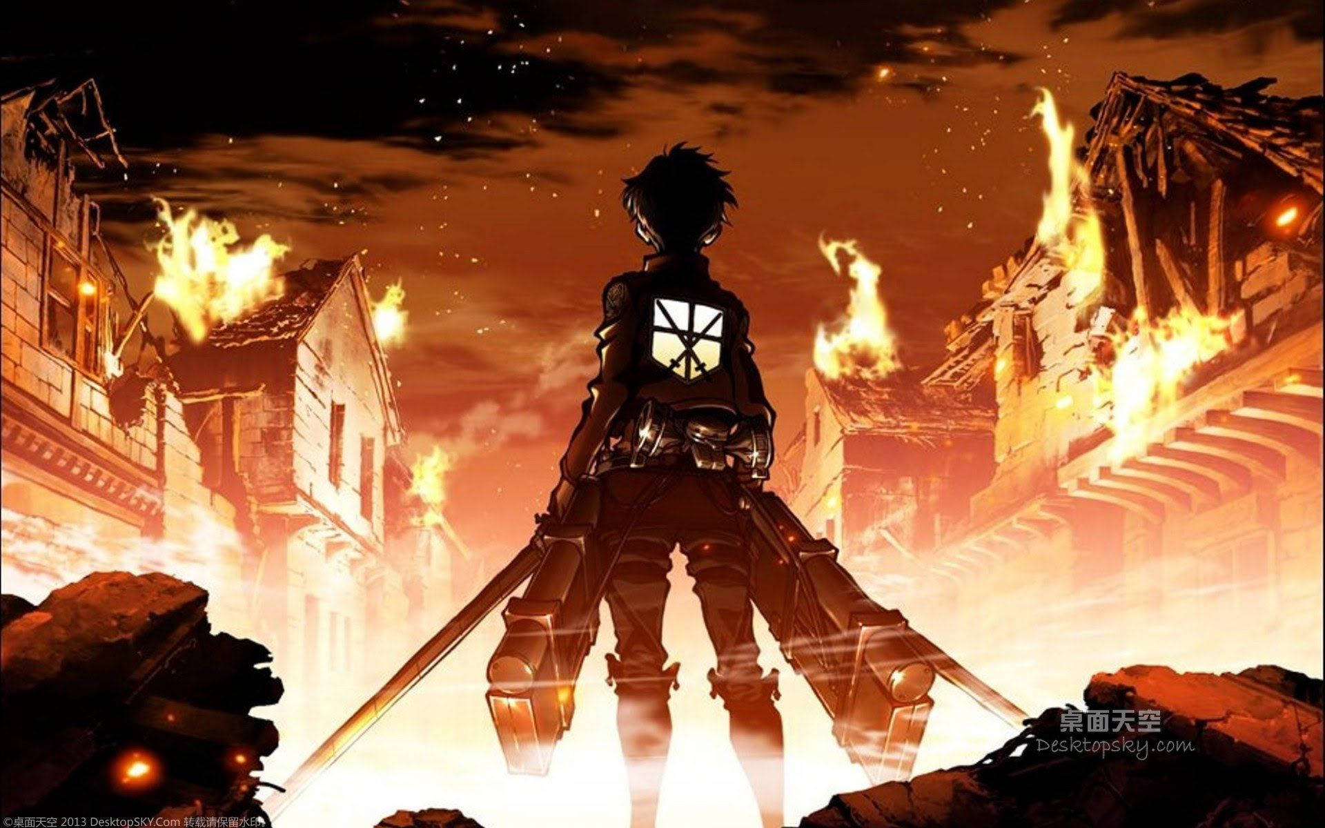 Eren enfrentándose a las casas del pueblo en llamas en fondo de pantalla de fan art de Attack on Titan.