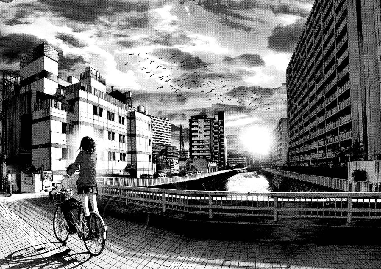 Animación de chica anime con bicicleta en la ciudad en blanco y negro Fondos de pantalla