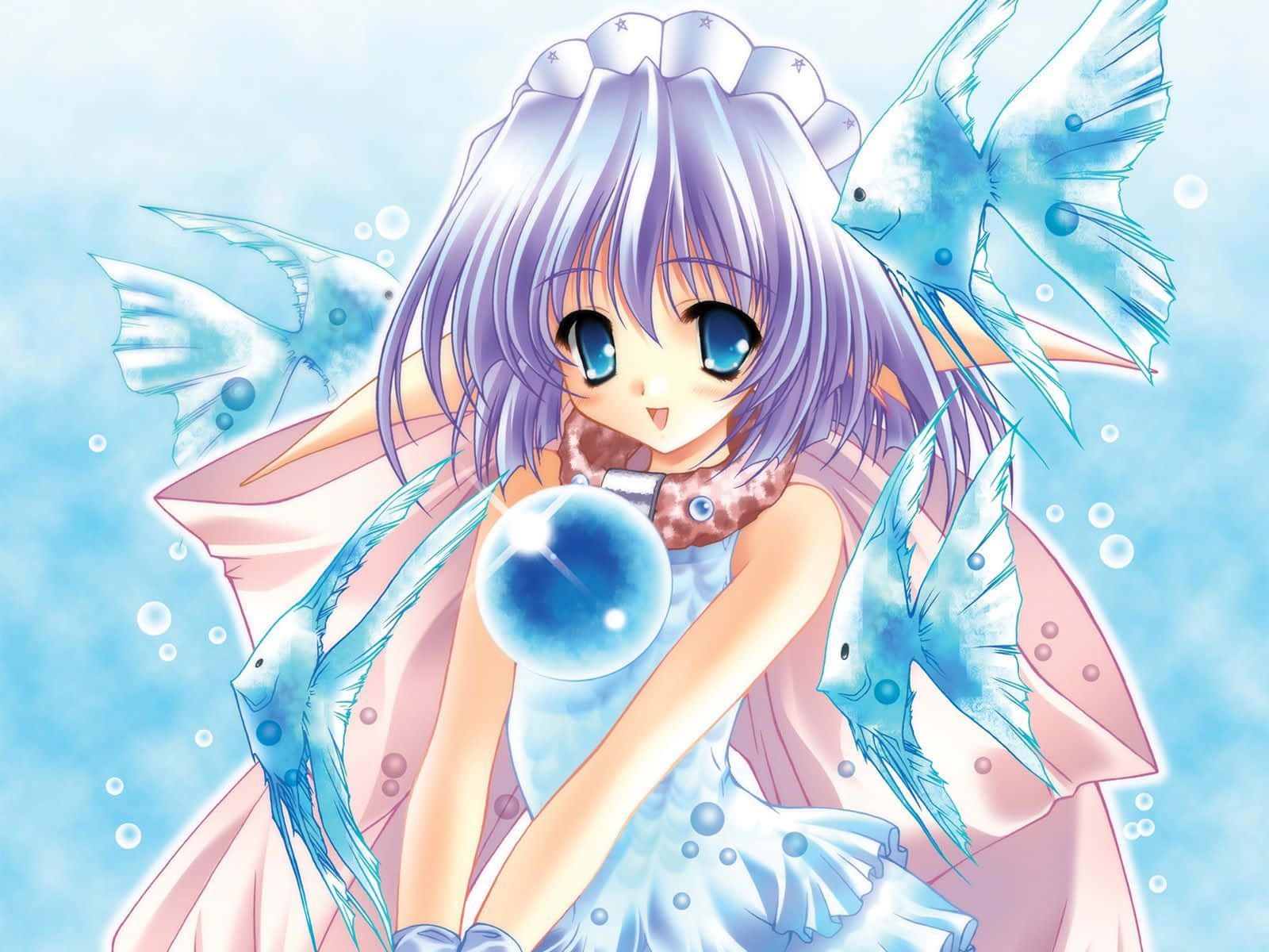 Anime lindo y femenino con pez azul Fondos de pantalla