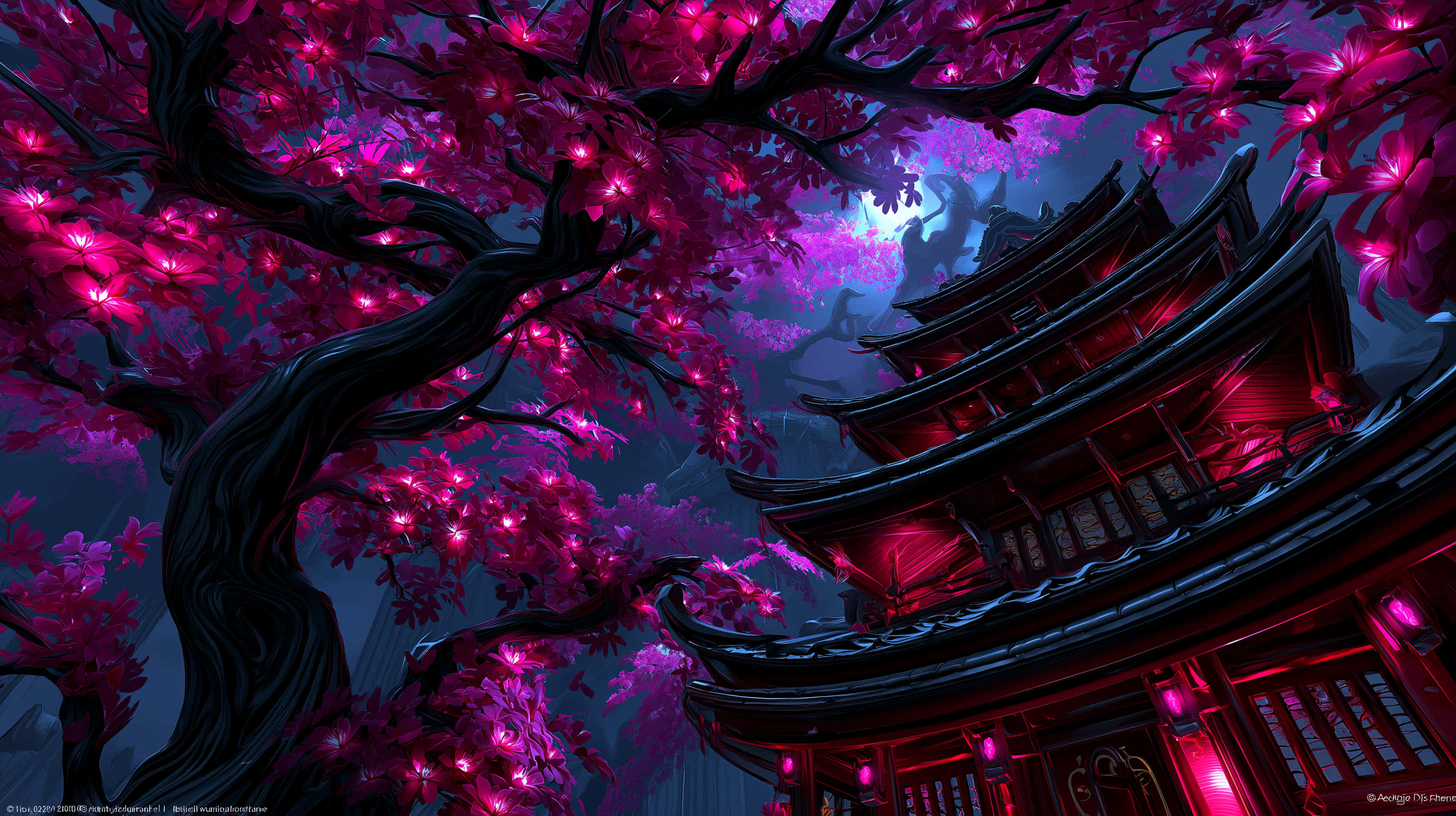 Antigua pagoda asomándose entre un dosel floral luminoso al atardecer Fondos de pantalla