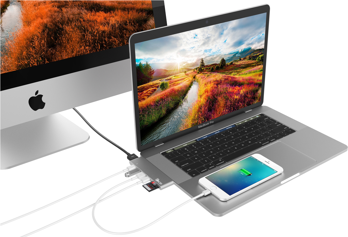 Apple MacBook Pro con iPhone y Mac Setup Fondos de pantalla