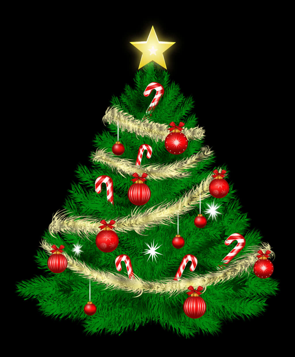 Árbol de Navidad con adornos rojos y bastones de caramelo Fondos de pantalla