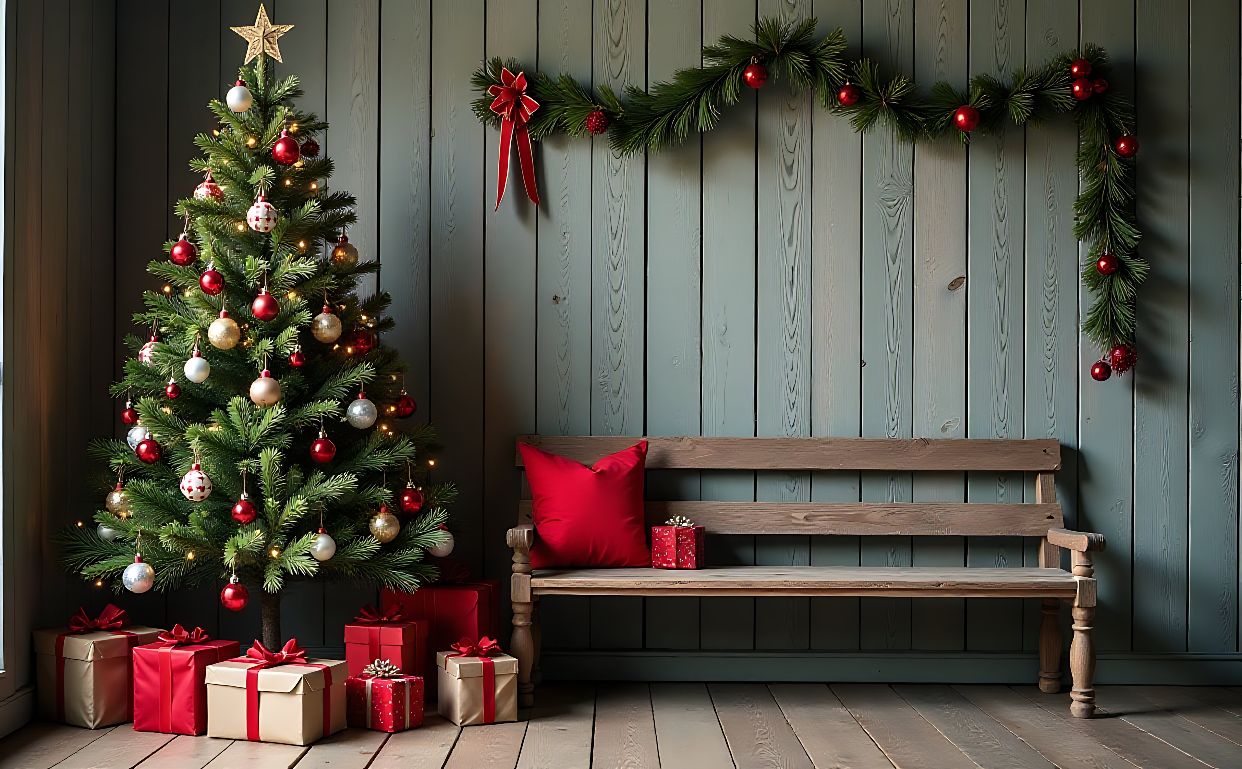 Árbol de Navidad con regalos y pared de madera Fondos de pantalla