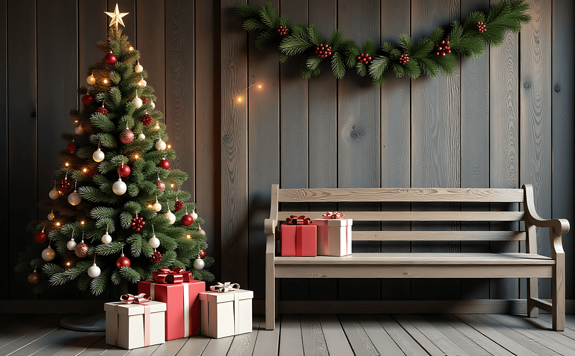 Árbol de Navidad y banco acogedor con regalos Fondos de pantalla