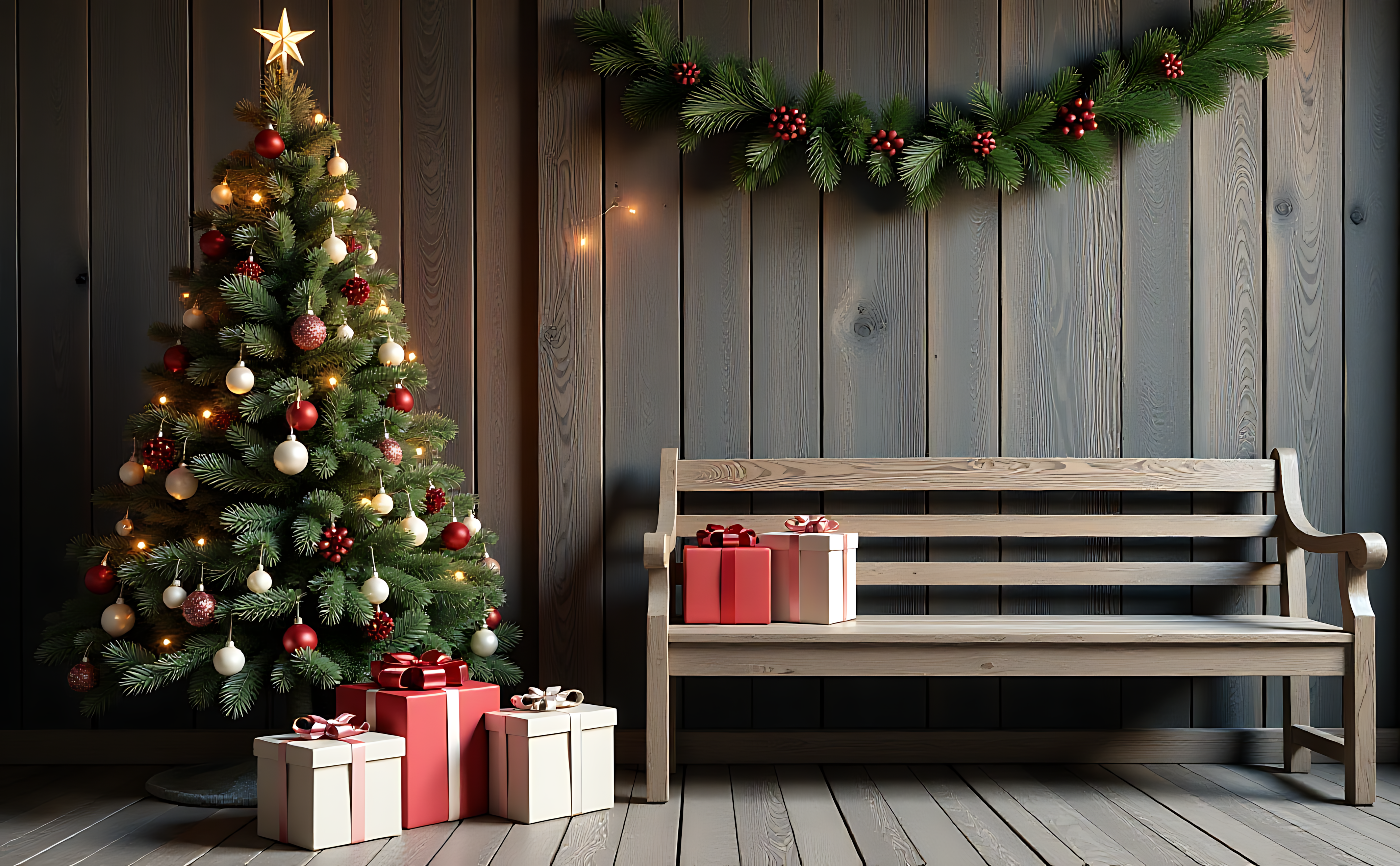 Árbol de Navidad y banco acogedor con regalos Fondos de pantalla