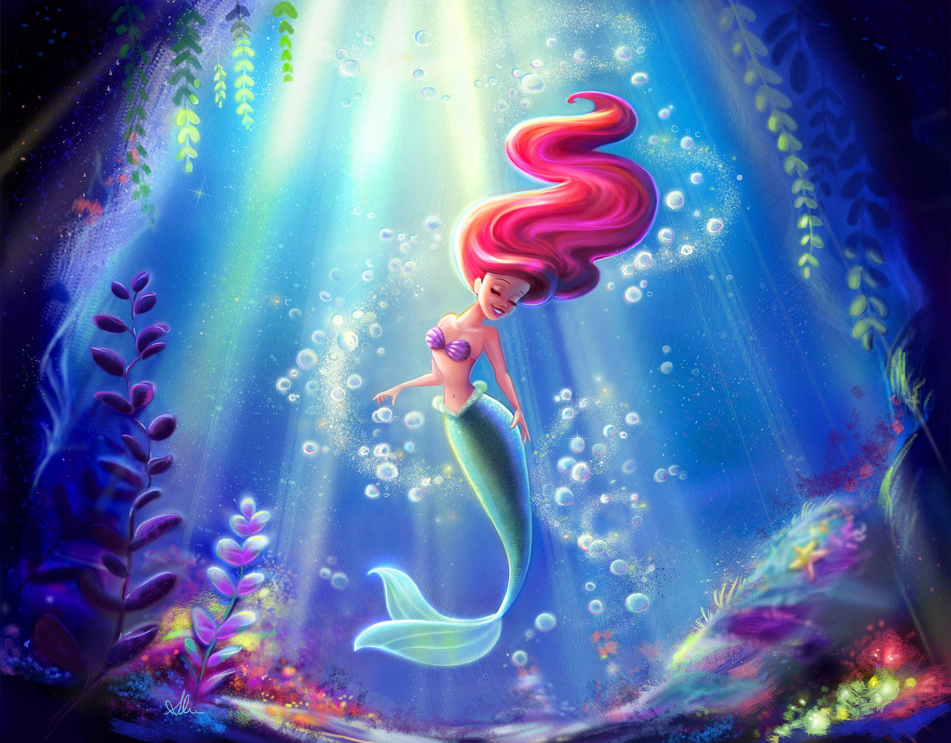 Fondo de pantalla de Ariel, la Sirenita, bailando bajo el agua.