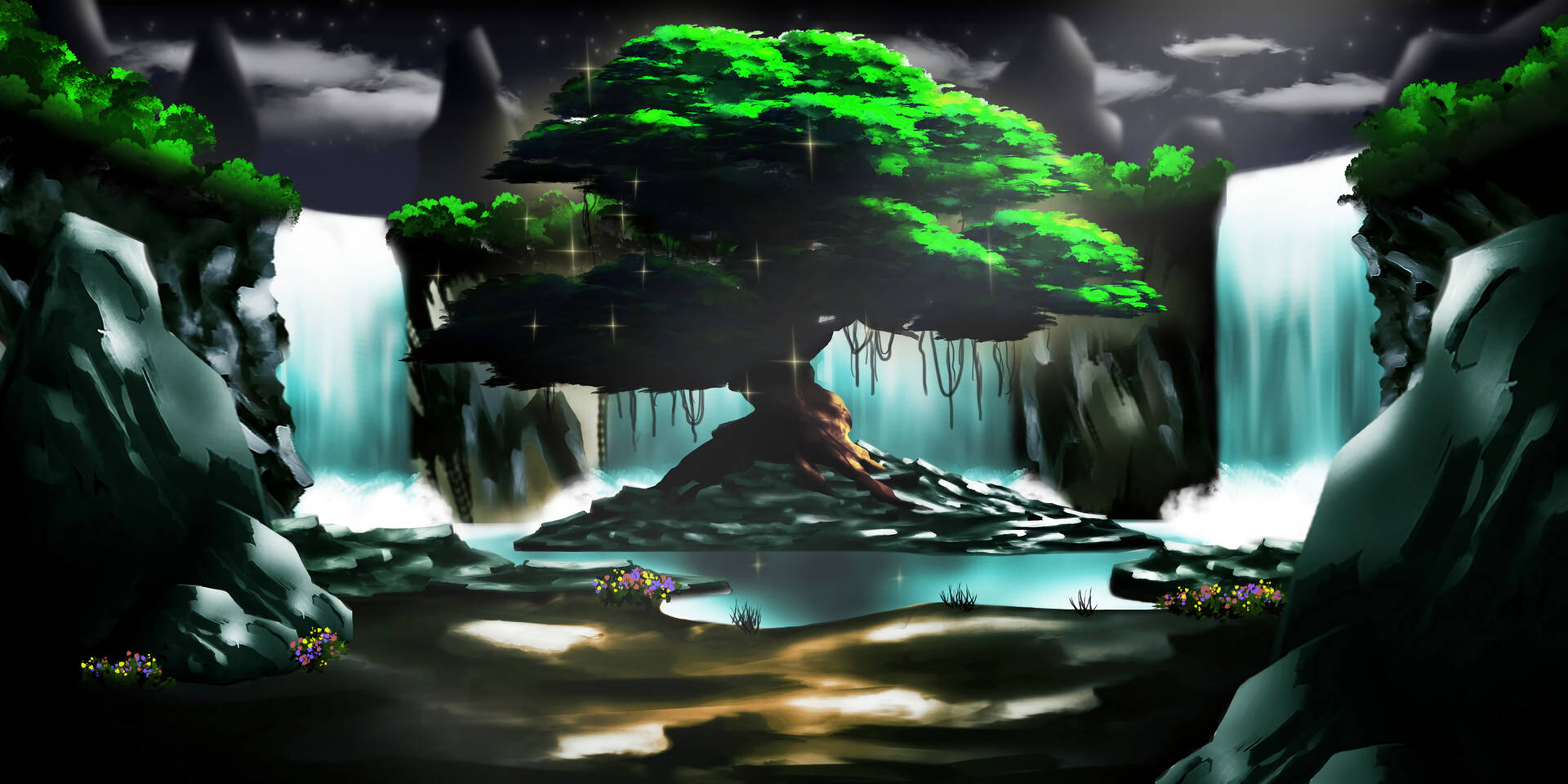 Fondo de pantalla de una obra de arte animada de una cascada.