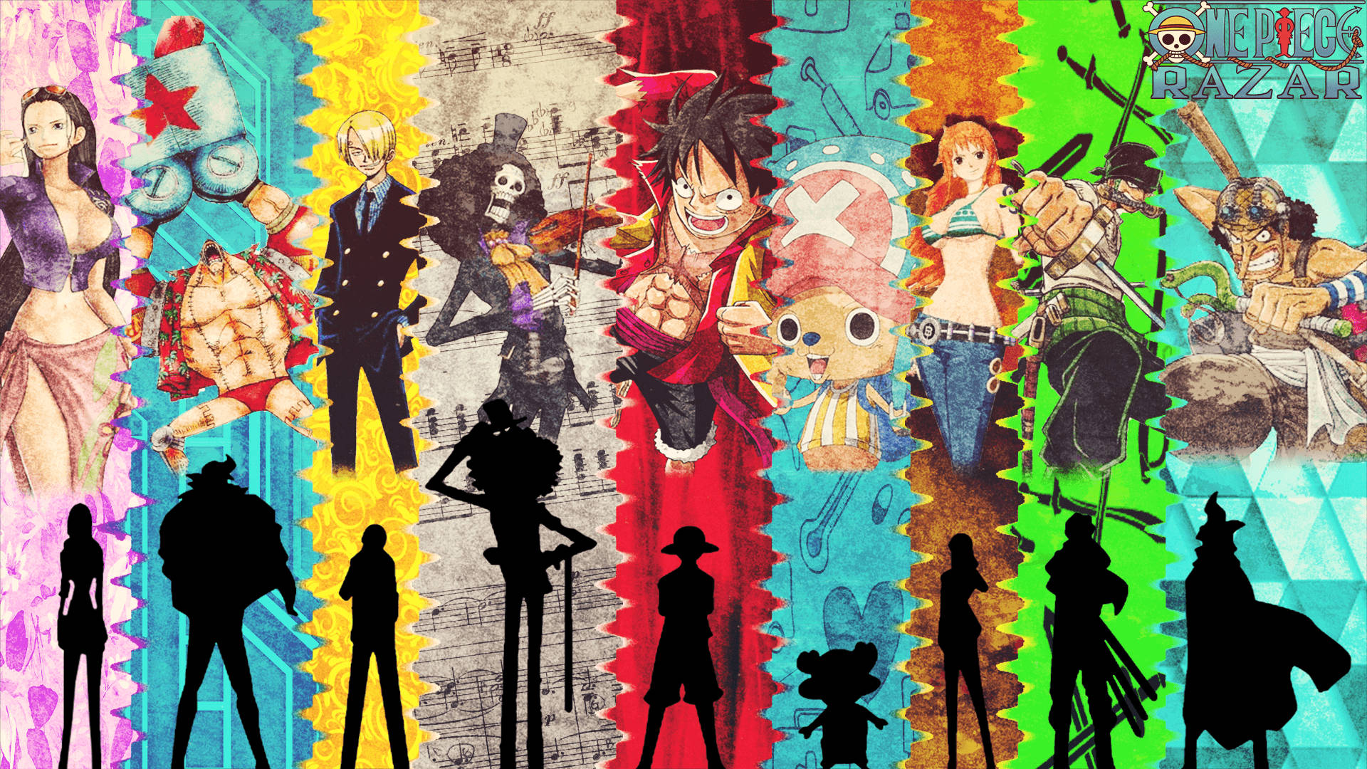 Fondo de pantalla de arte colorido de la tripulación pirata del Sombrero de Paja de One Piece.