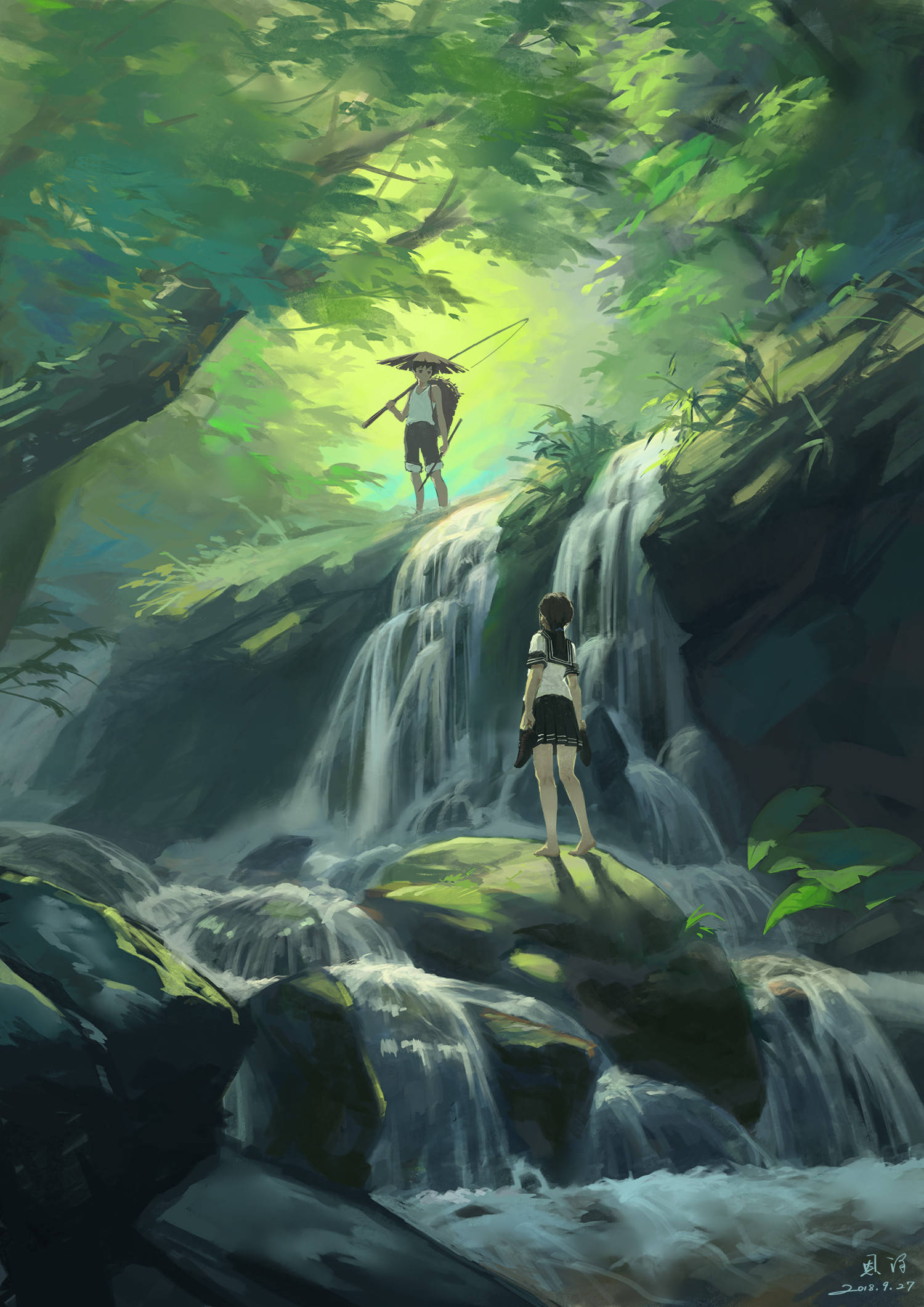 Arte de cascadas en la jungla con niño y niña Fondos de pantalla