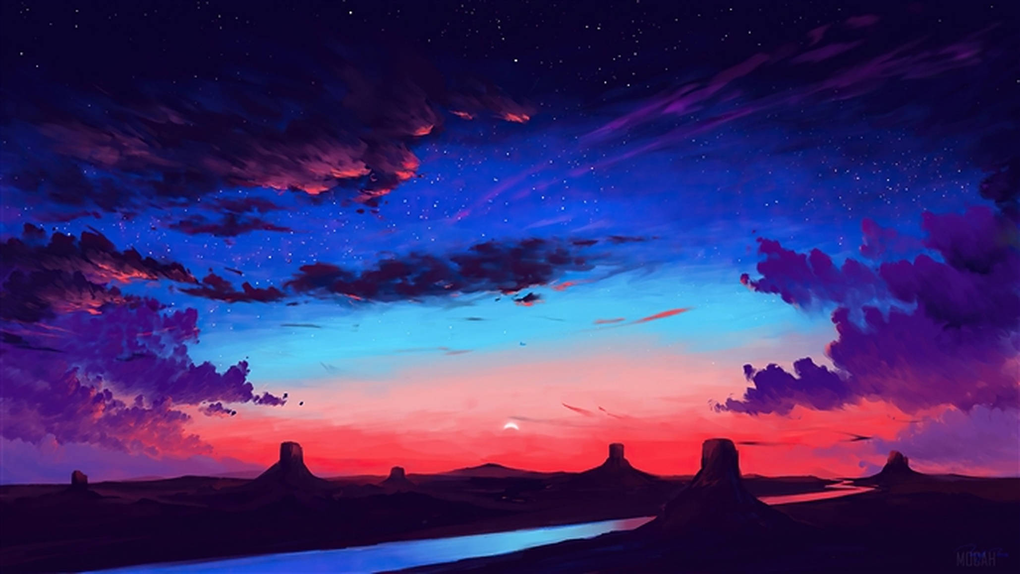 Arte de cielo al atardecer azul y púrpura Fondos de pantalla