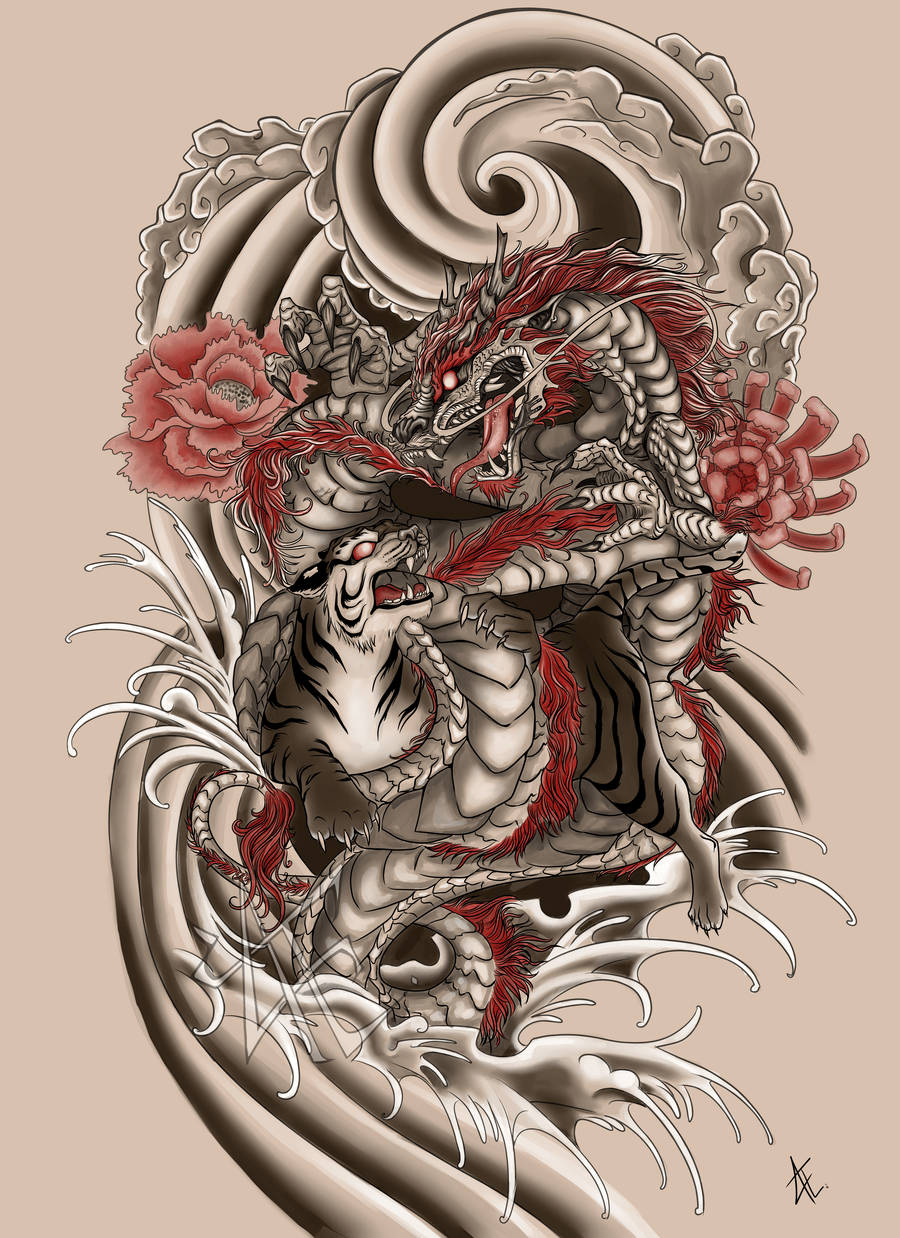 Arte de Dragón Japonés y Tigre Feroz Fondos de pantalla
