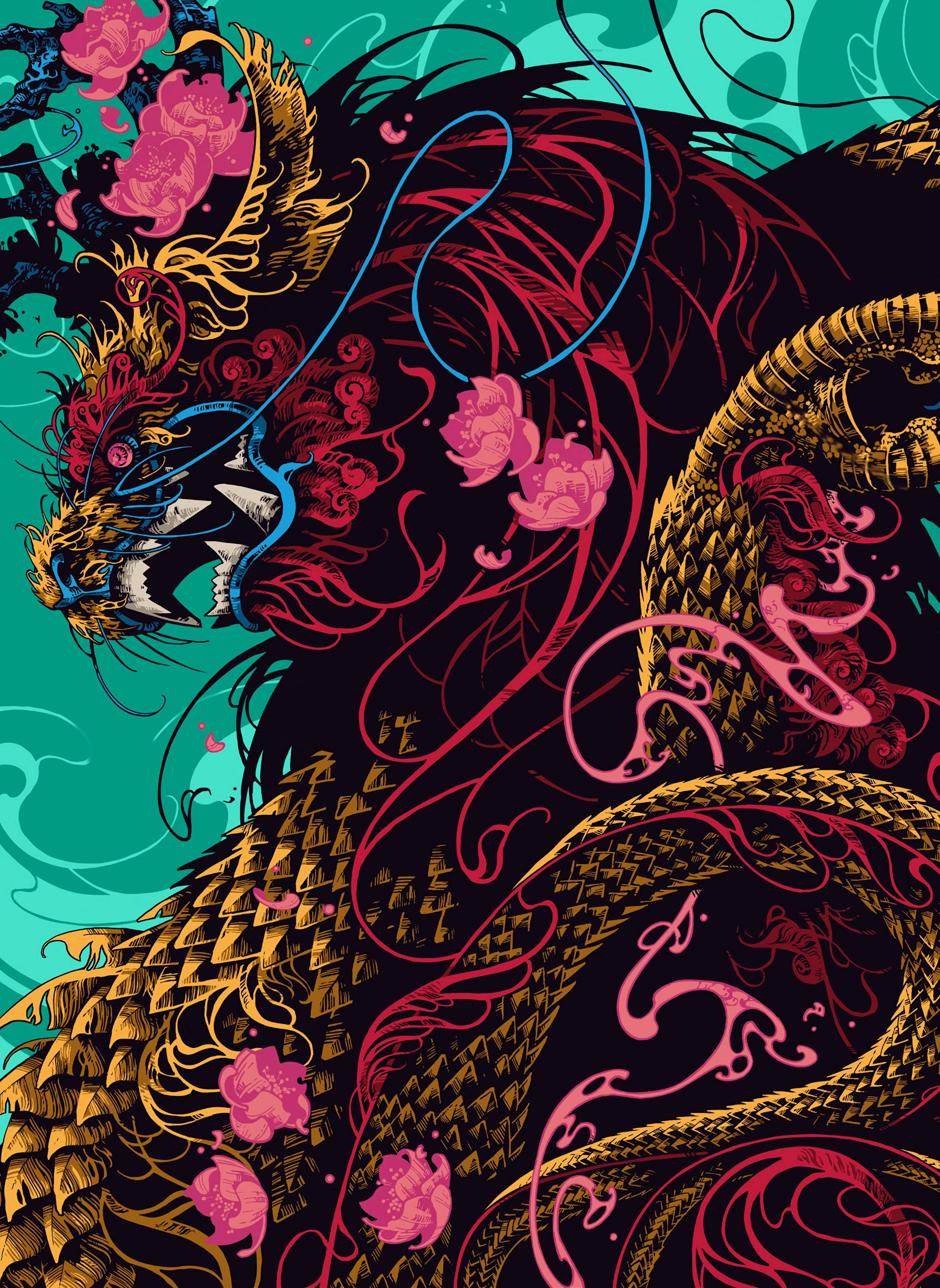 Arte de Dragón Japonés con Loto Rosa Fondos de pantalla