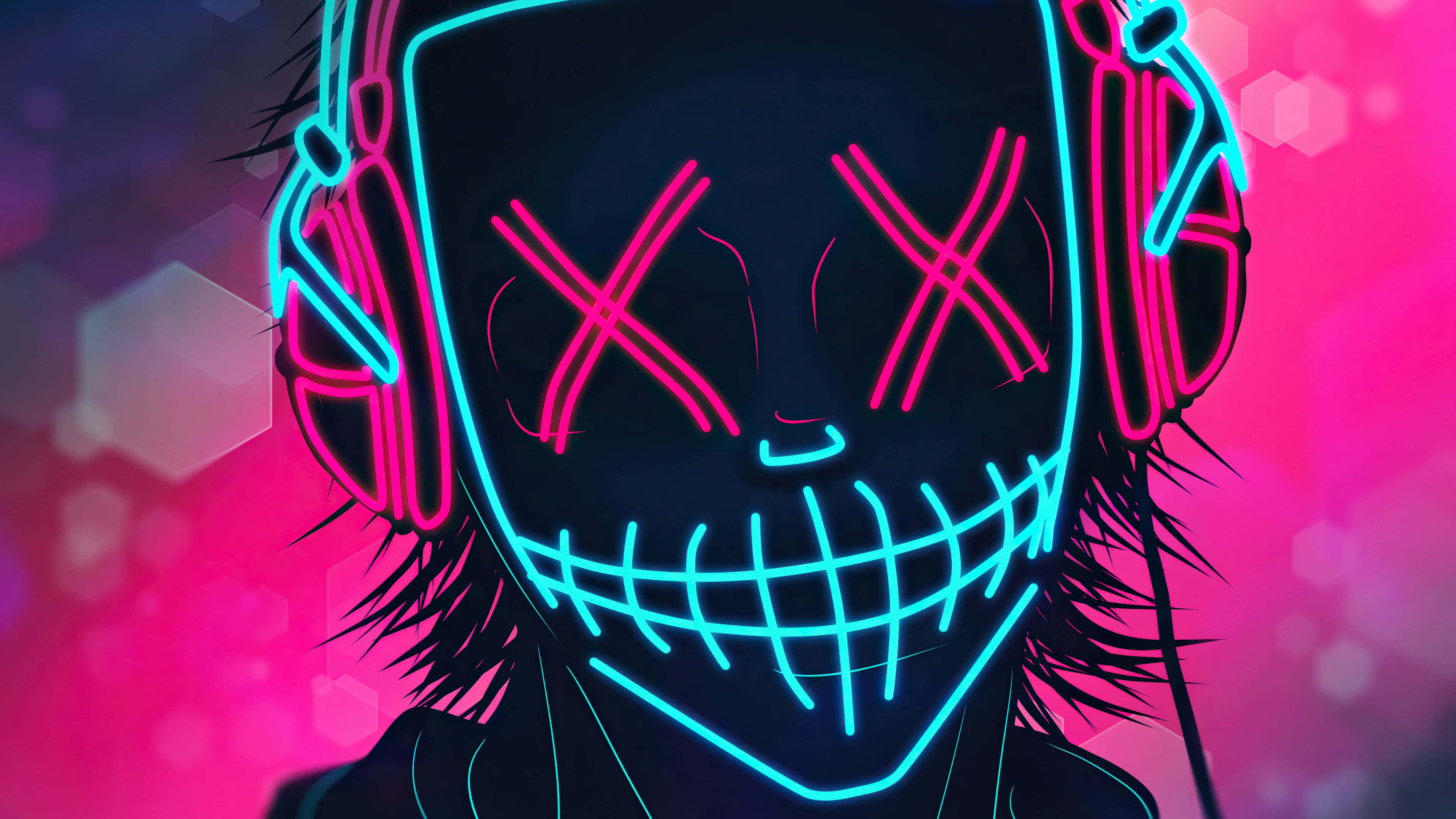 Arte de máscara malvada de DJ con luces neón rosa y azul en 4K Fondos de pantalla