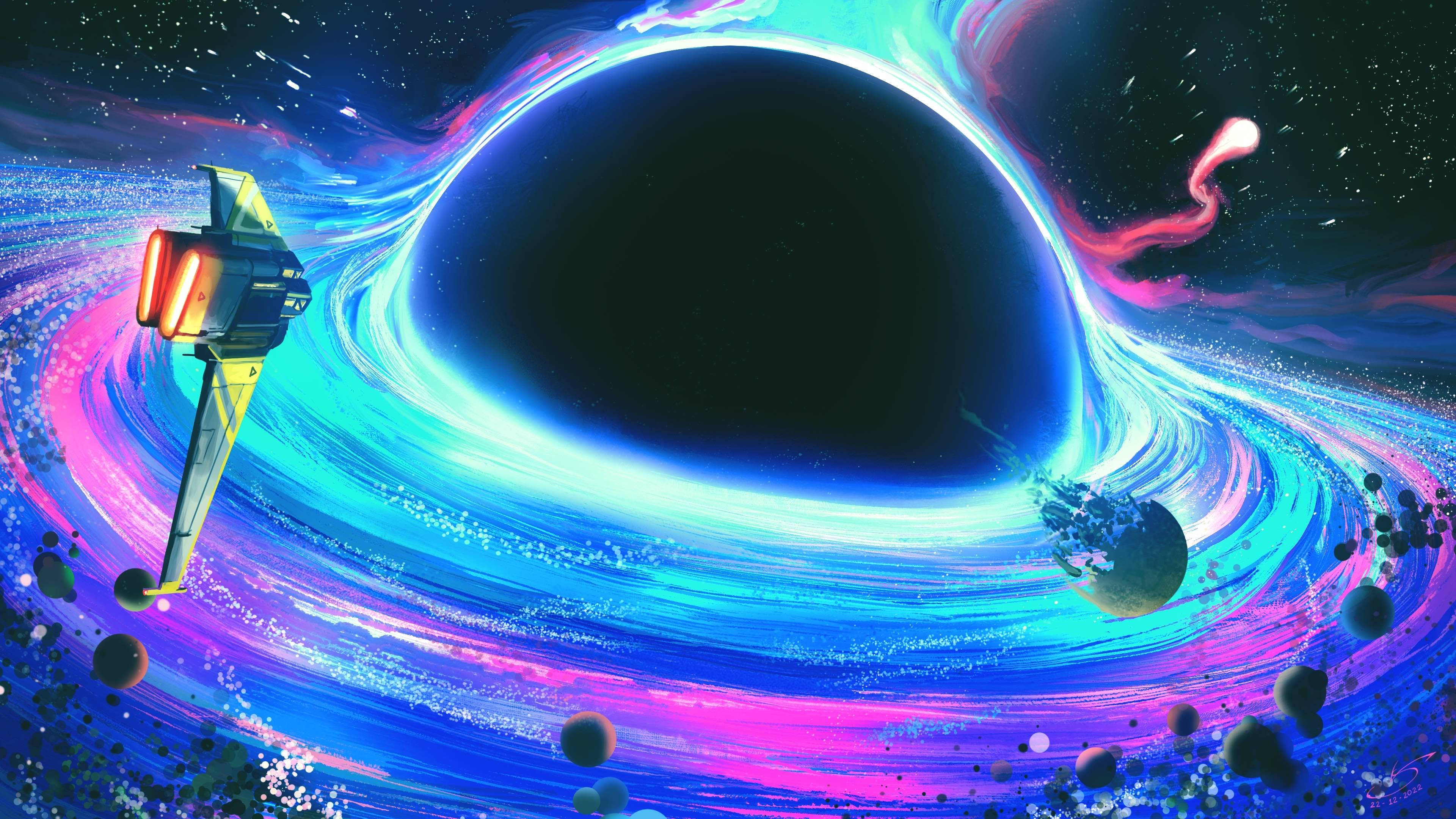 Arte de nave espacial y agujero negro neón en 4K Fondos de pantalla