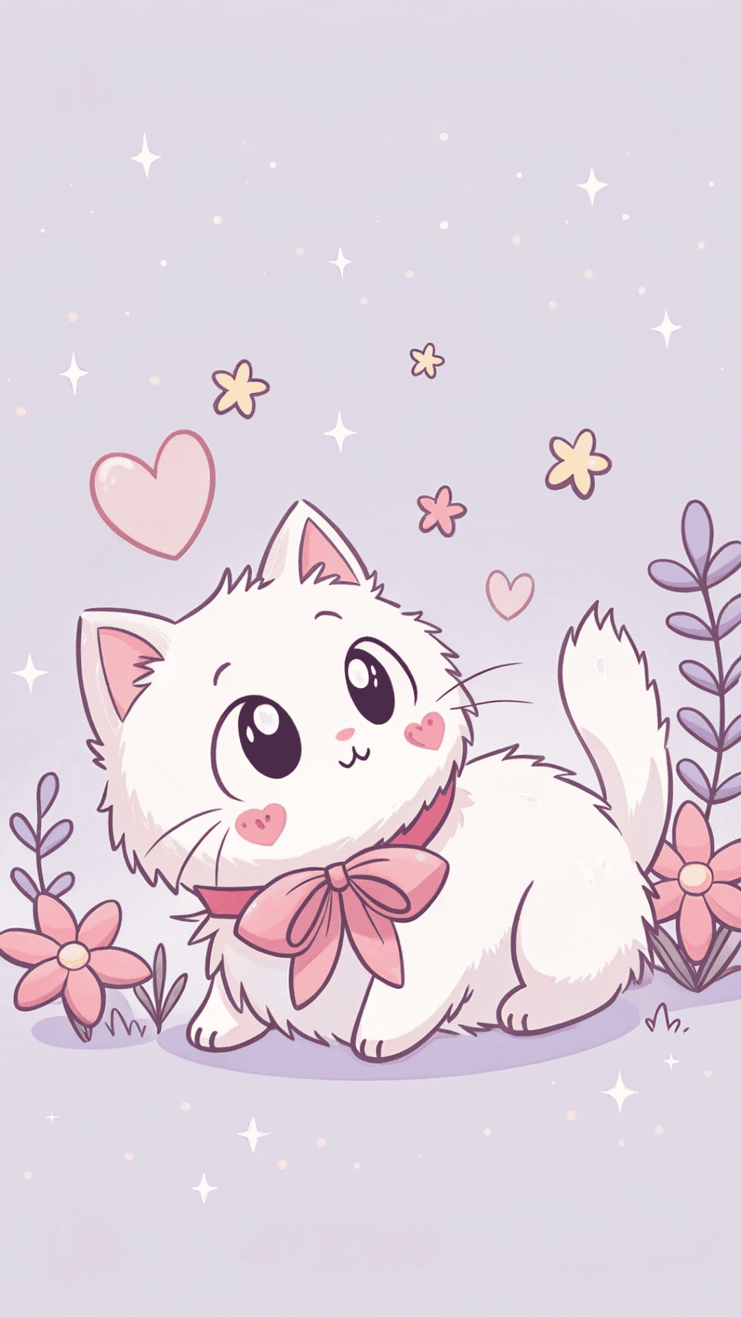 Arte kawaii de lindo gato chibi con moño rosa Fondos de pantalla