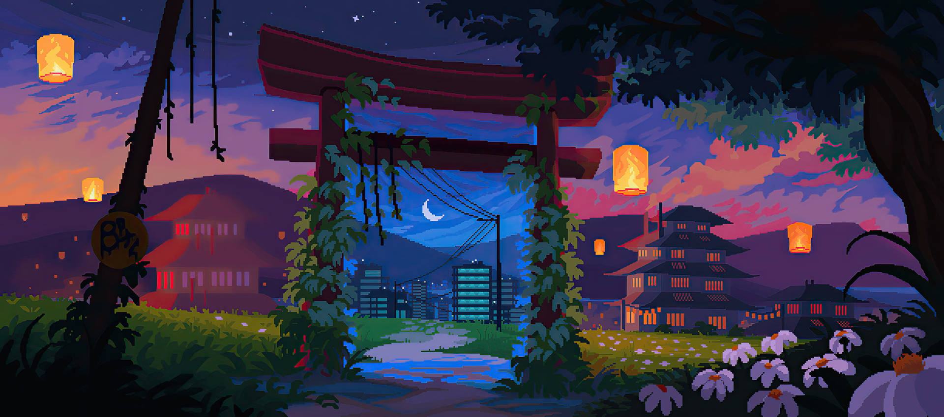 Arte Pixel Estético de Santuario Japonés en la Ciudad Fondos de pantalla