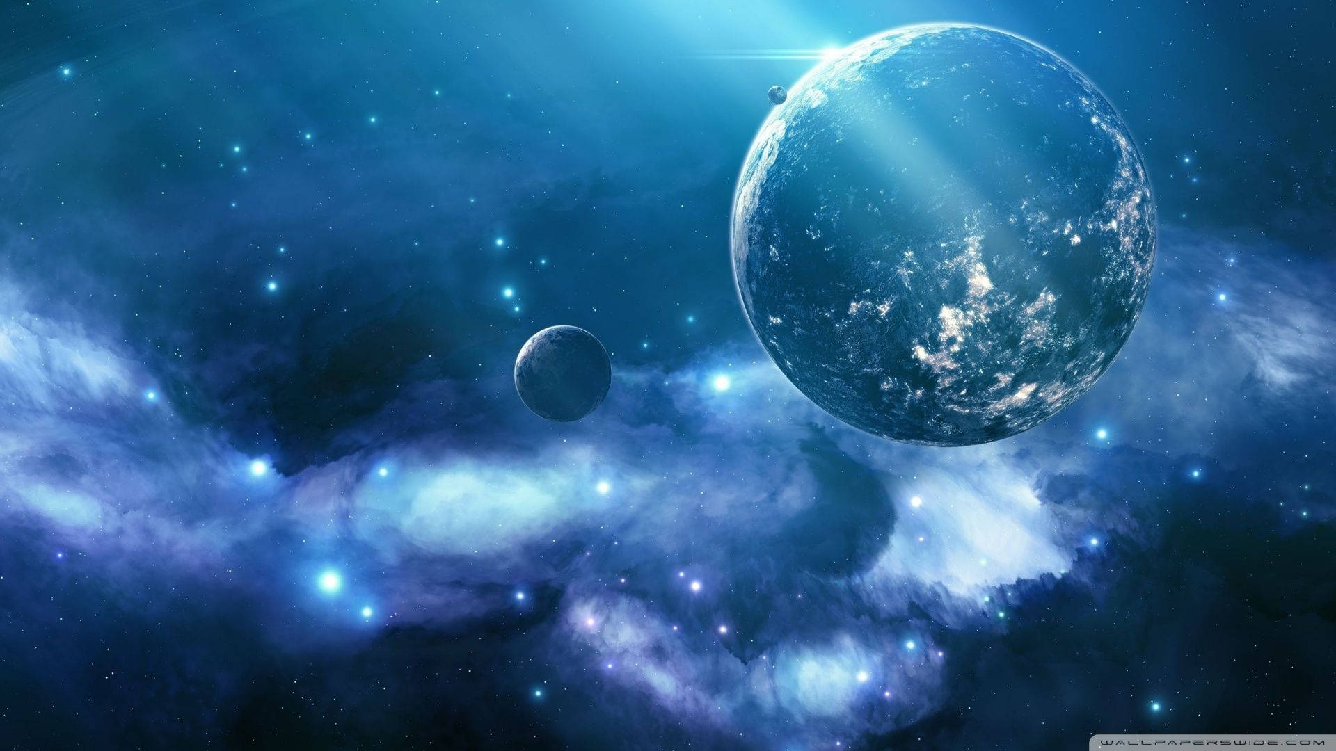 Cuerpos esferoidales celestiales en galaxia azul con estrellas azules titilantes, fondo de pantalla HD de galaxia