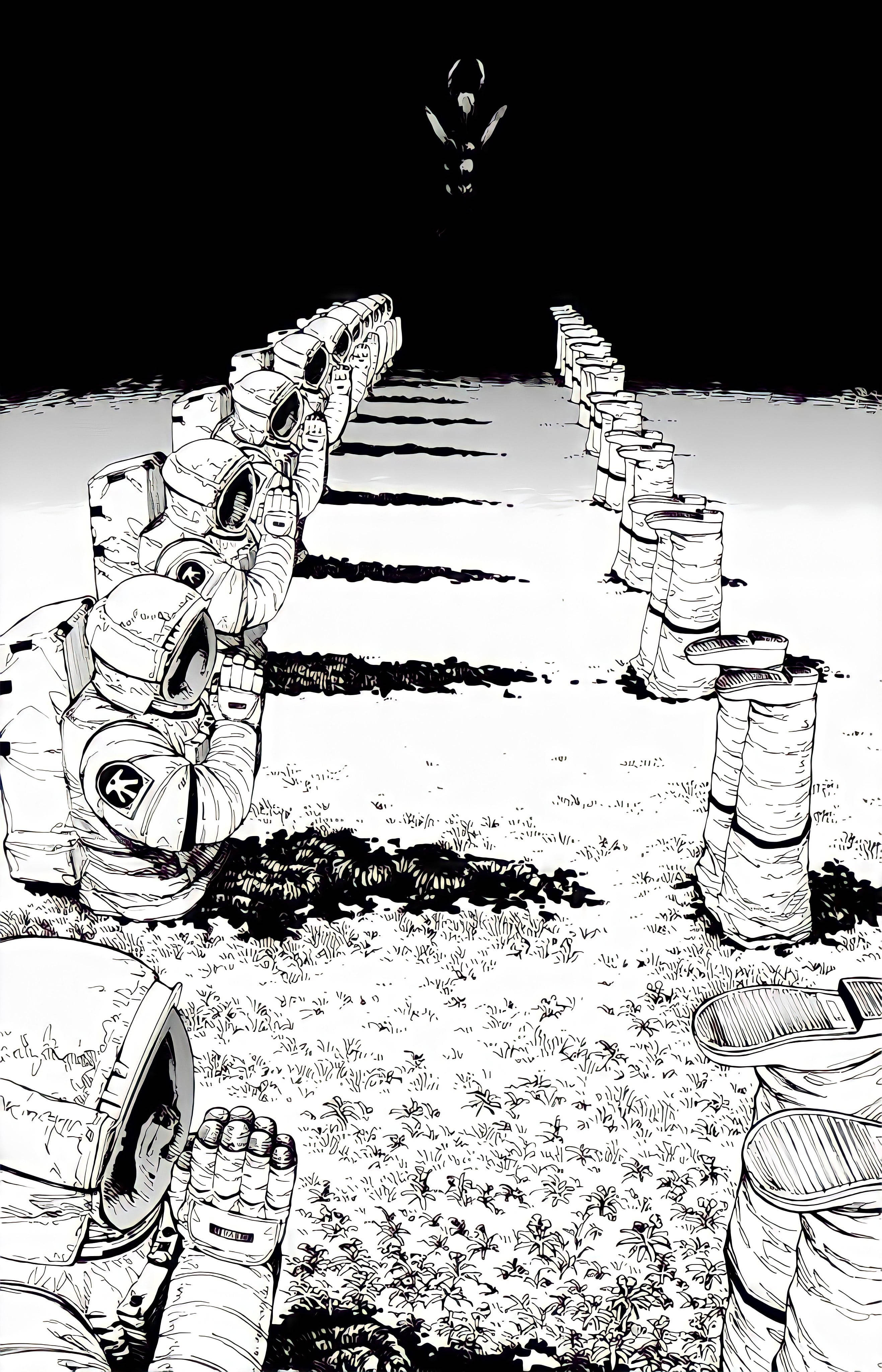 Astronautas rezando Chainsaw Man anime blanco y negro iPhone Fondos de pantalla