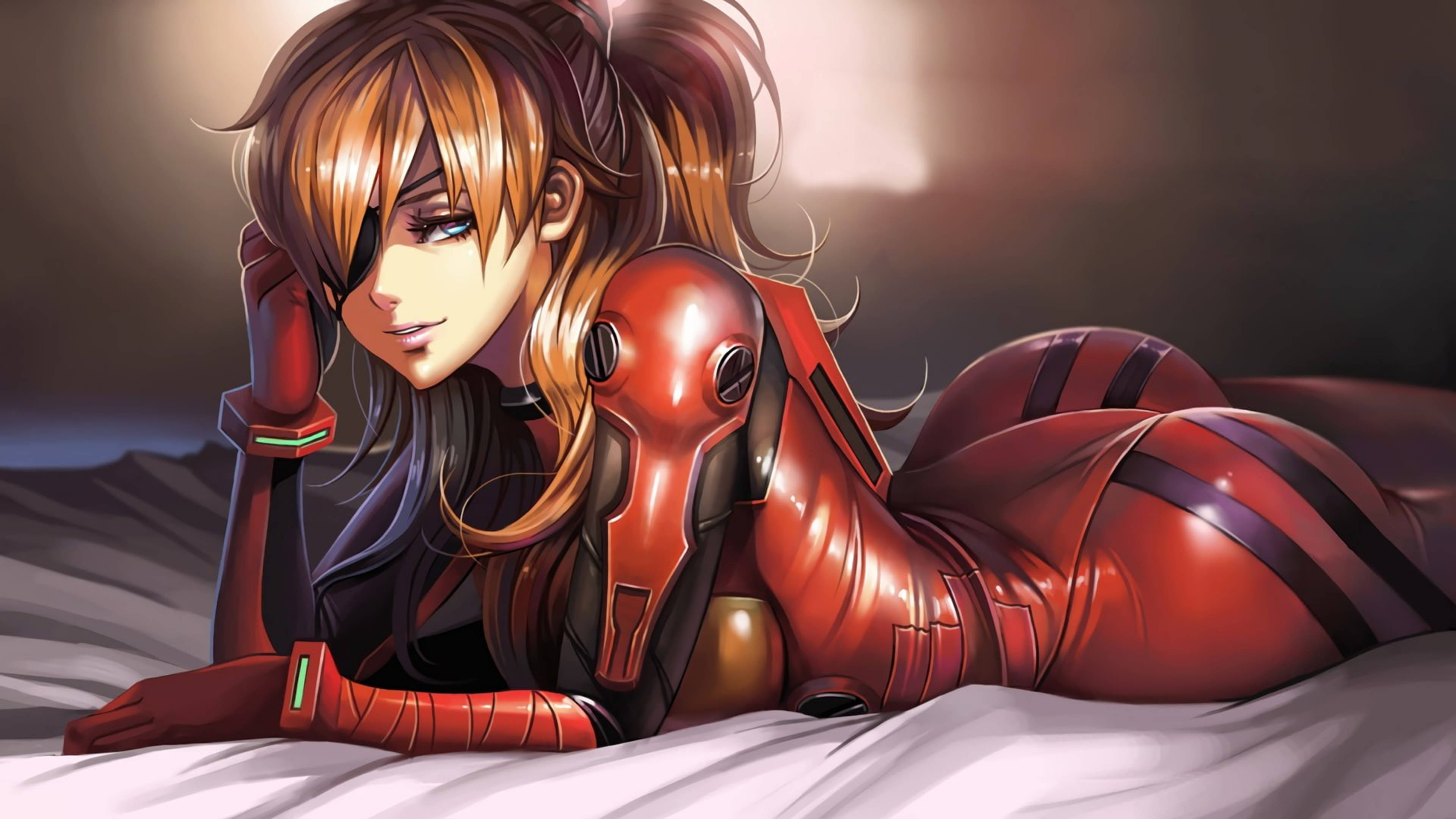 Asuka con parche en el ojo en 4K de Evangelion Fondos de pantalla